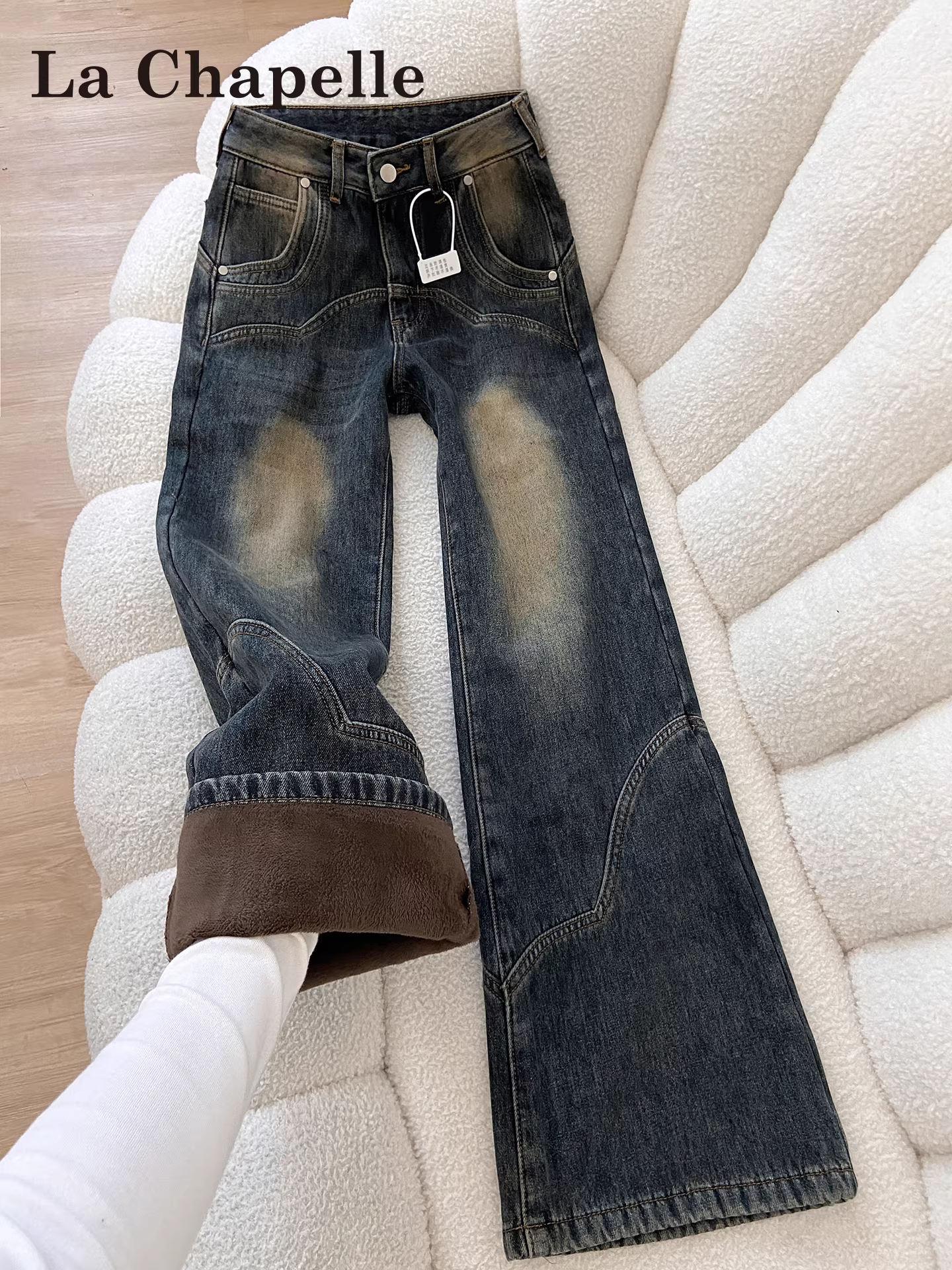 Quần jeans ống loe lót lông dày kiểu La Chapelle dành cho nữ, mẫu mới thu đông 2025, cạp cao, dáng nhỏ nhắn