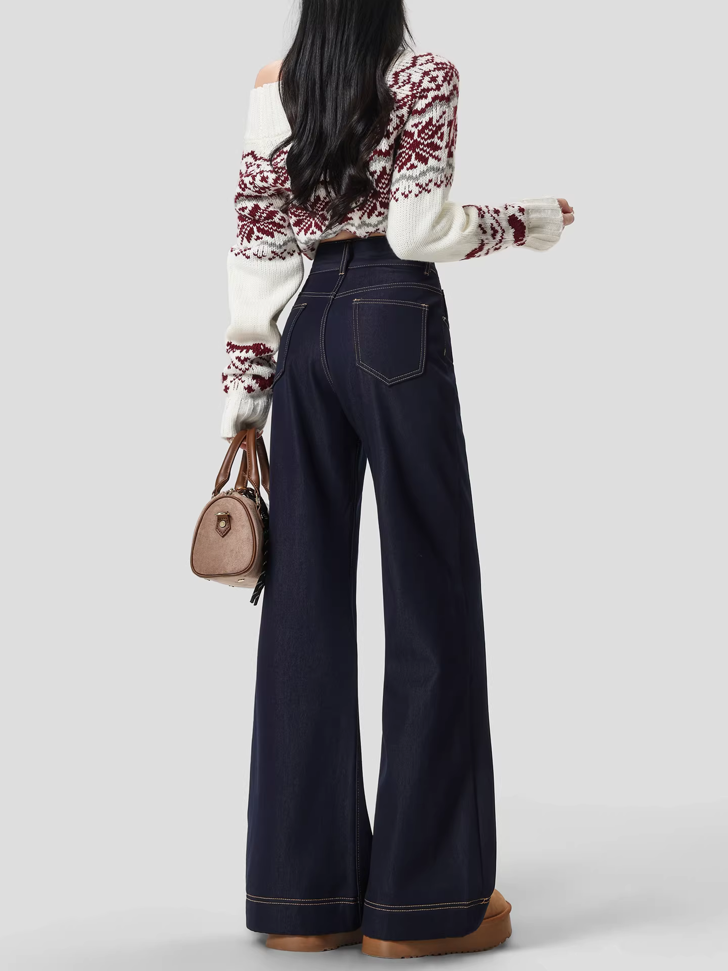 Quần jeans ống rộng dày dặn lót lông cừu La Chapelle dành cho nữ, mẫu mới thu đông 2025, dáng thẳng, size nhỏ nhắn