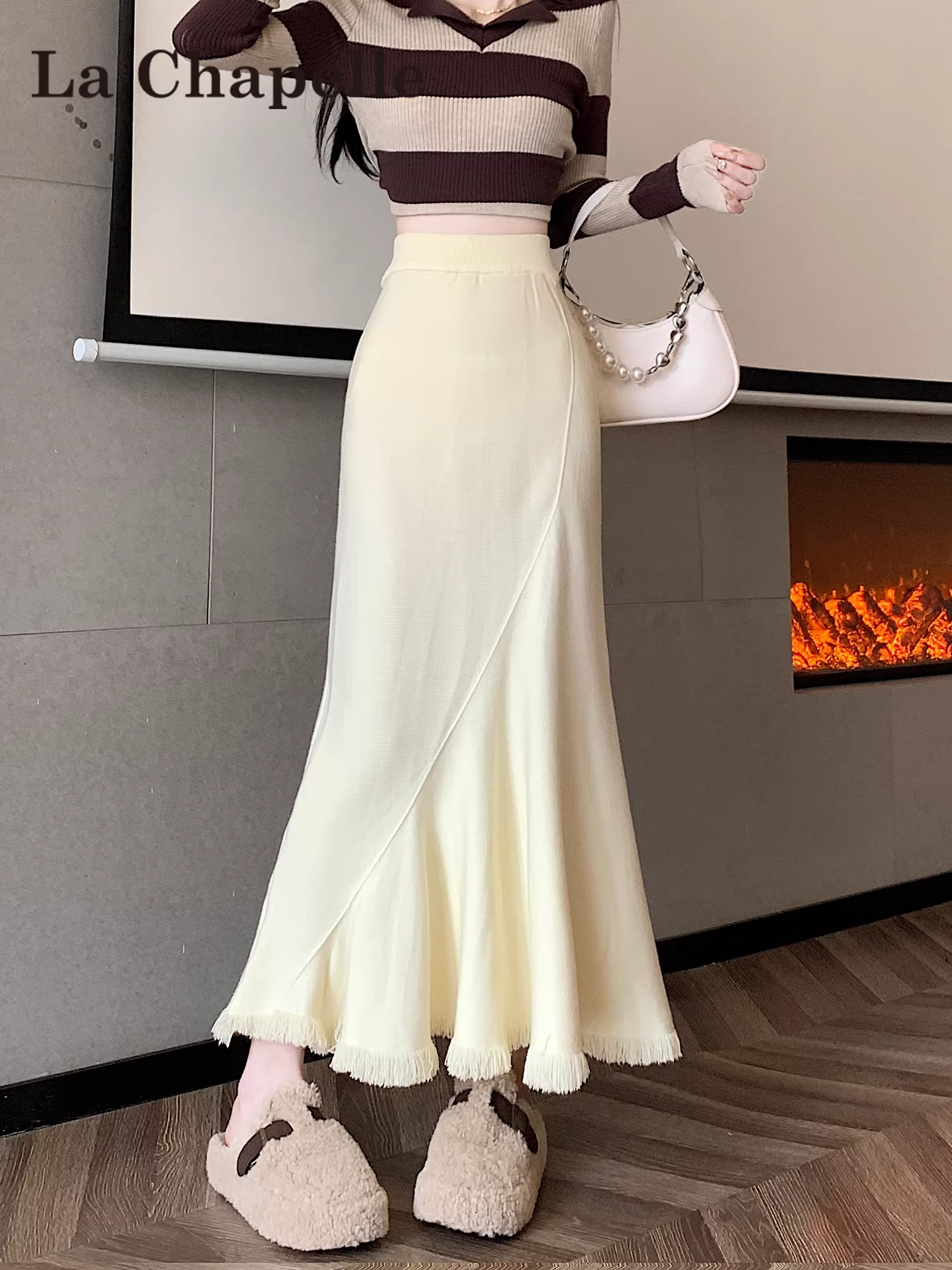 Váy đuôi cá dáng bất quy tắc La Chapelle màu mơ dành cho nữ, mẫu mới thu đông 2025, đa năng, cạp cao, dáng chữ A, dài.