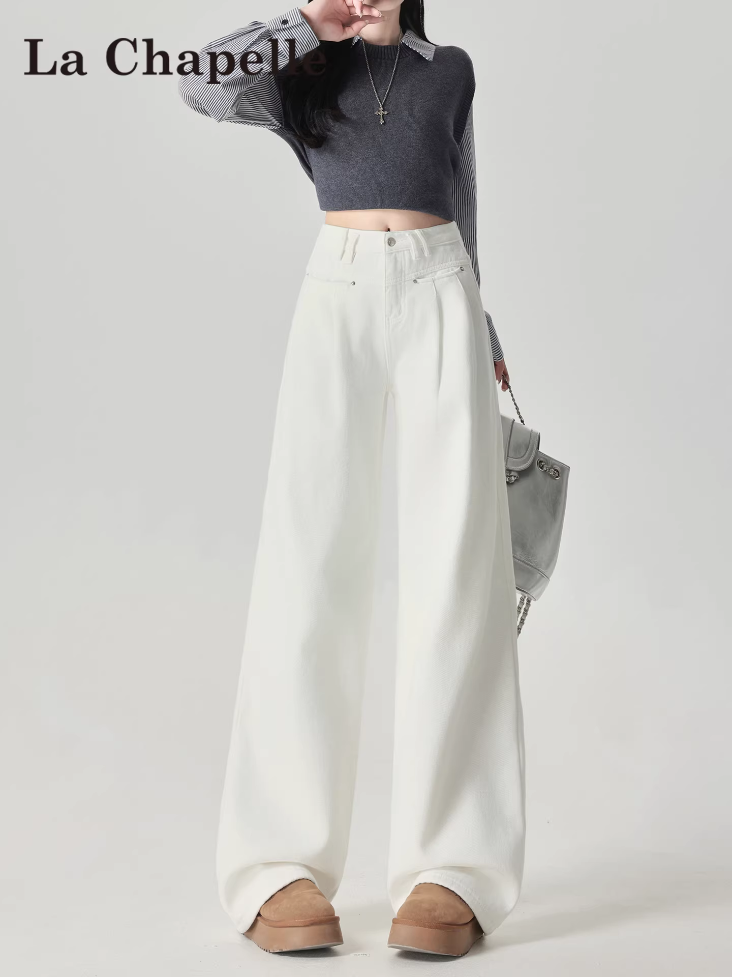 Quần jeans ống rộng dày dặn lót lông trắng La Chapelle dành cho nữ, mẫu mới thu đông 2025, cạp cao, xếp ly, dáng thẳng