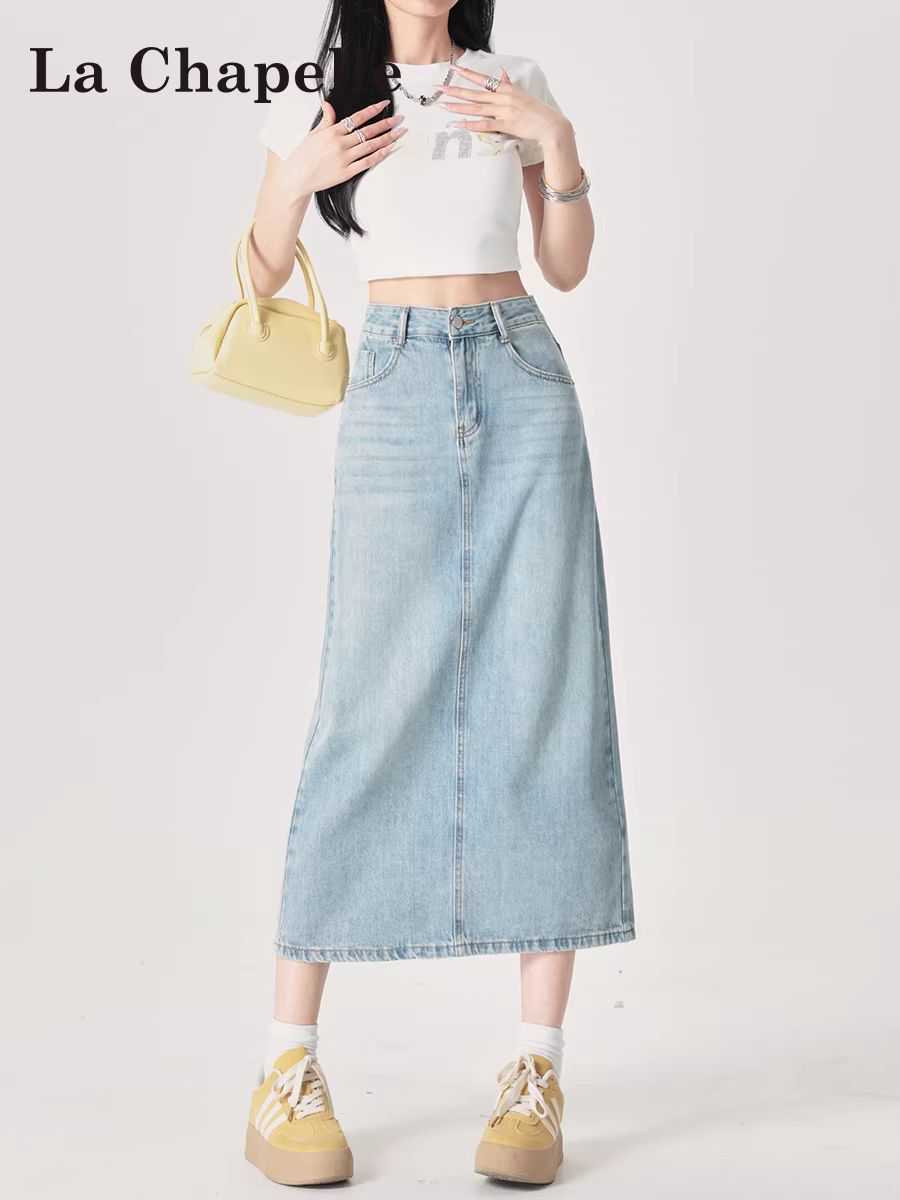 Chân váy denim dáng bút chì màu sáng La Chapelle dành cho nữ, mẫu mới thu 2025, cạp cao, dáng chữ A, dài ngang đùi