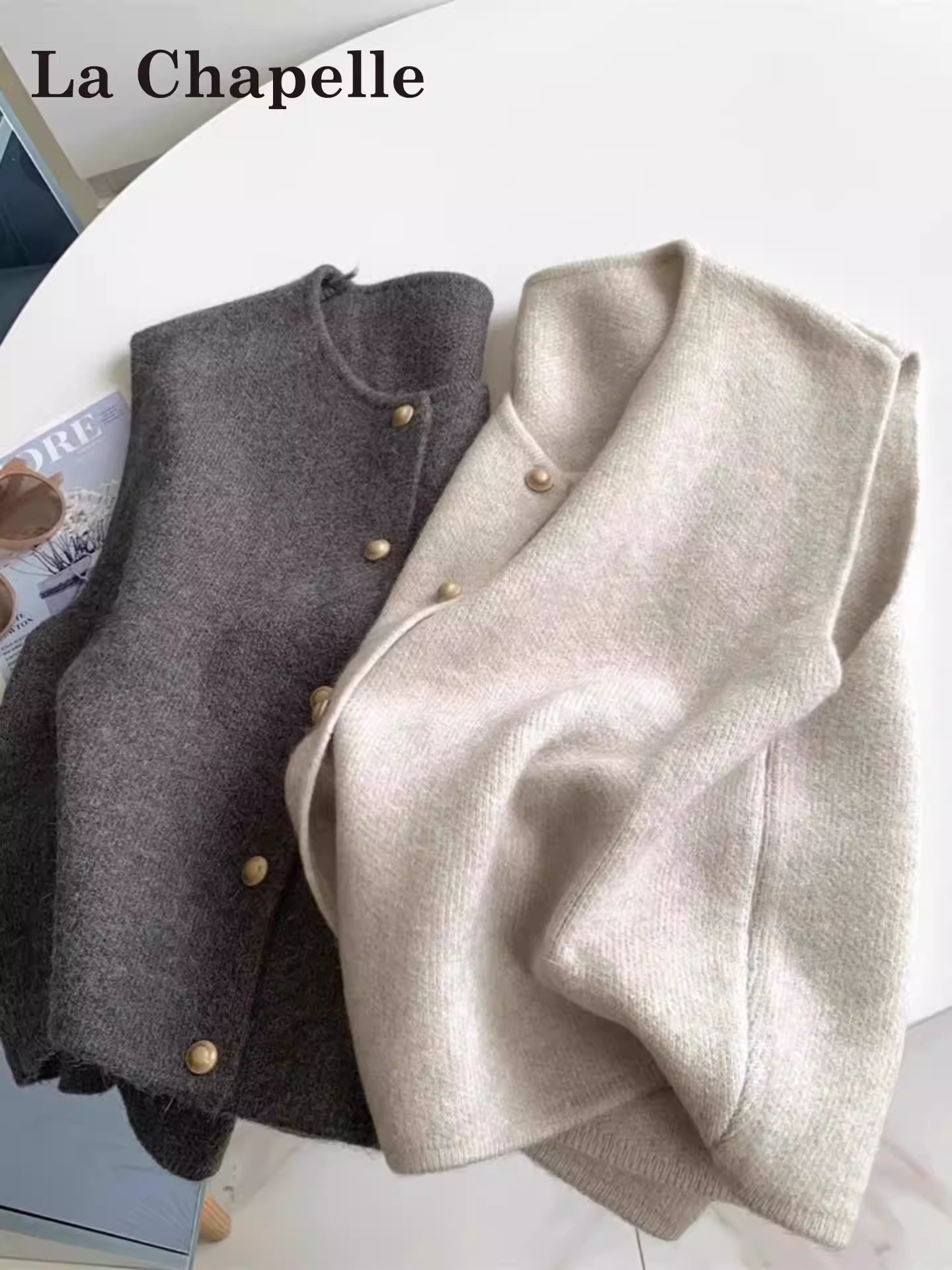 Áo len dệt kim cổ tròn màu xám La Chapelle dành cho nữ, mẫu mới thu đông 2025, kiểu ôm dáng, nhỏ nhắn, không tay, mặc trong