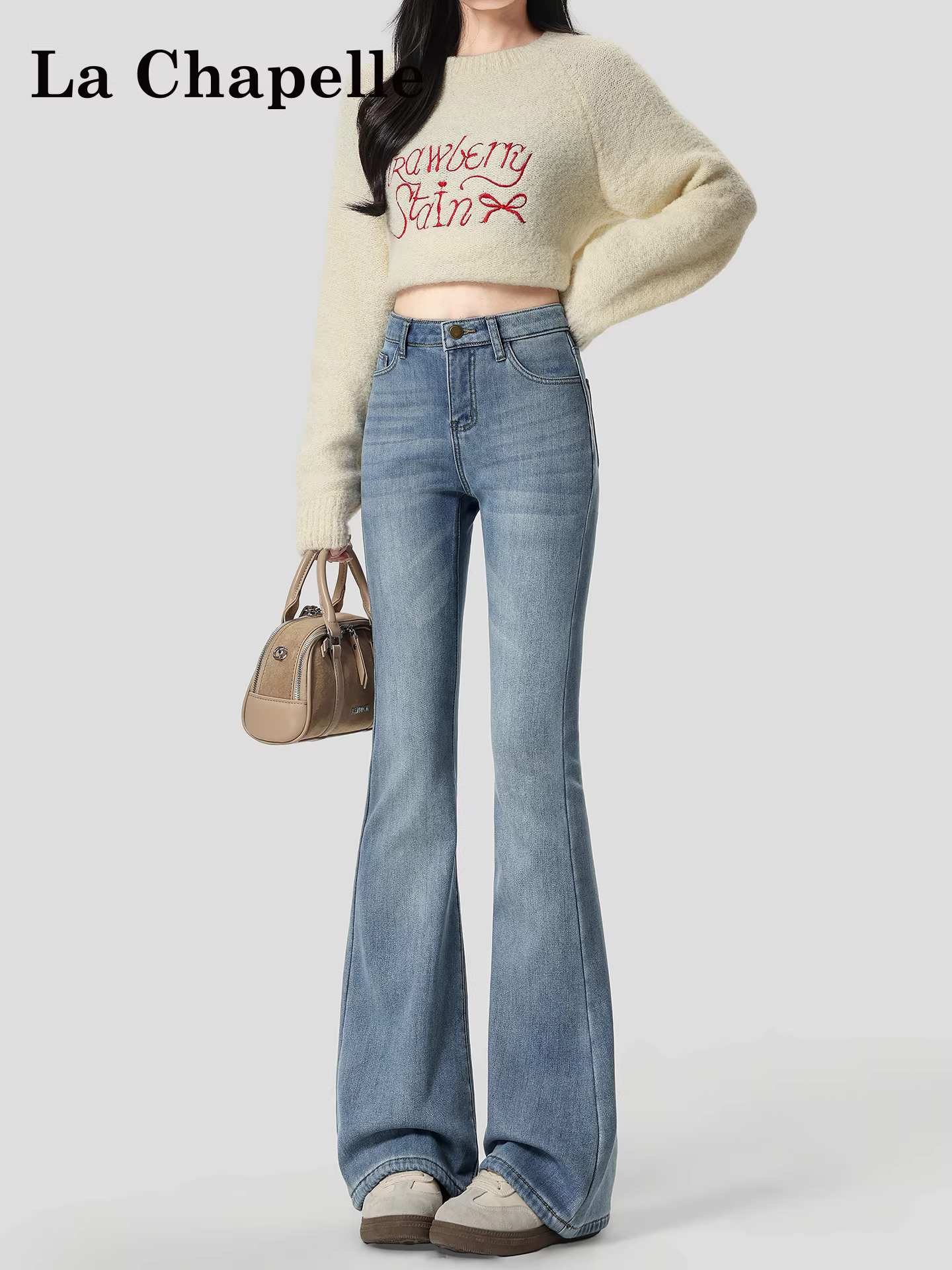 Quần jeans La Chapelle dáng bootcut retro nữ 2025 mới thu đông, cạp cao, ôm dáng, ống loe