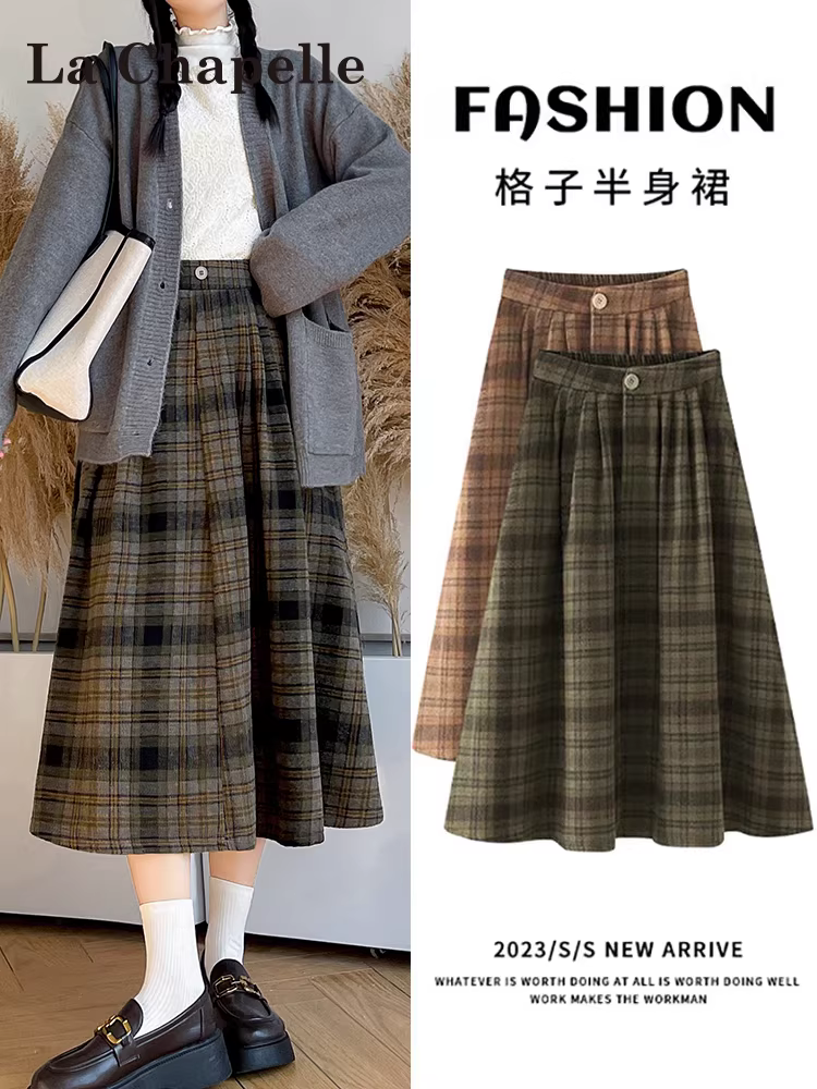 Váy len kẻ ca rô La Chapelle dành cho nữ, mùa thu đông 2025, kiểu dáng chữ A, dáng ngắn, xếp ly.