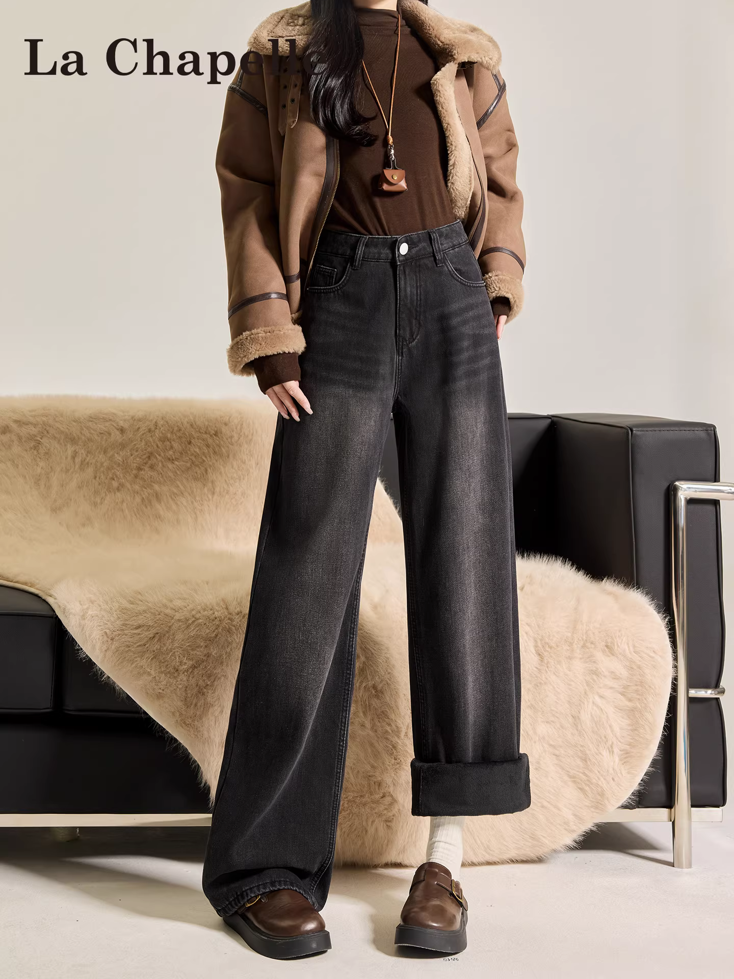 Quần jeans ống rộng dày dặn lót lông màu xám La Chapelle dành cho nữ, kiểu dáng Mỹ, cạp cao, thẳng, mới thu đông 2025