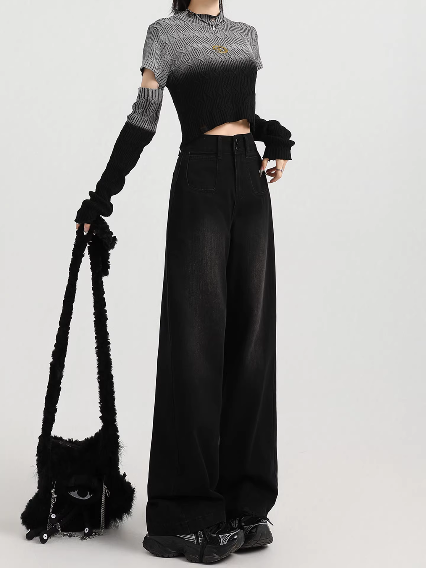 Quần jeans đen dáng rộng kiểu Mỹ La Chapelle dành cho nữ, mẫu mới thu đông 2025, cạp cao, phong cách retro, dáng thẳng rộng