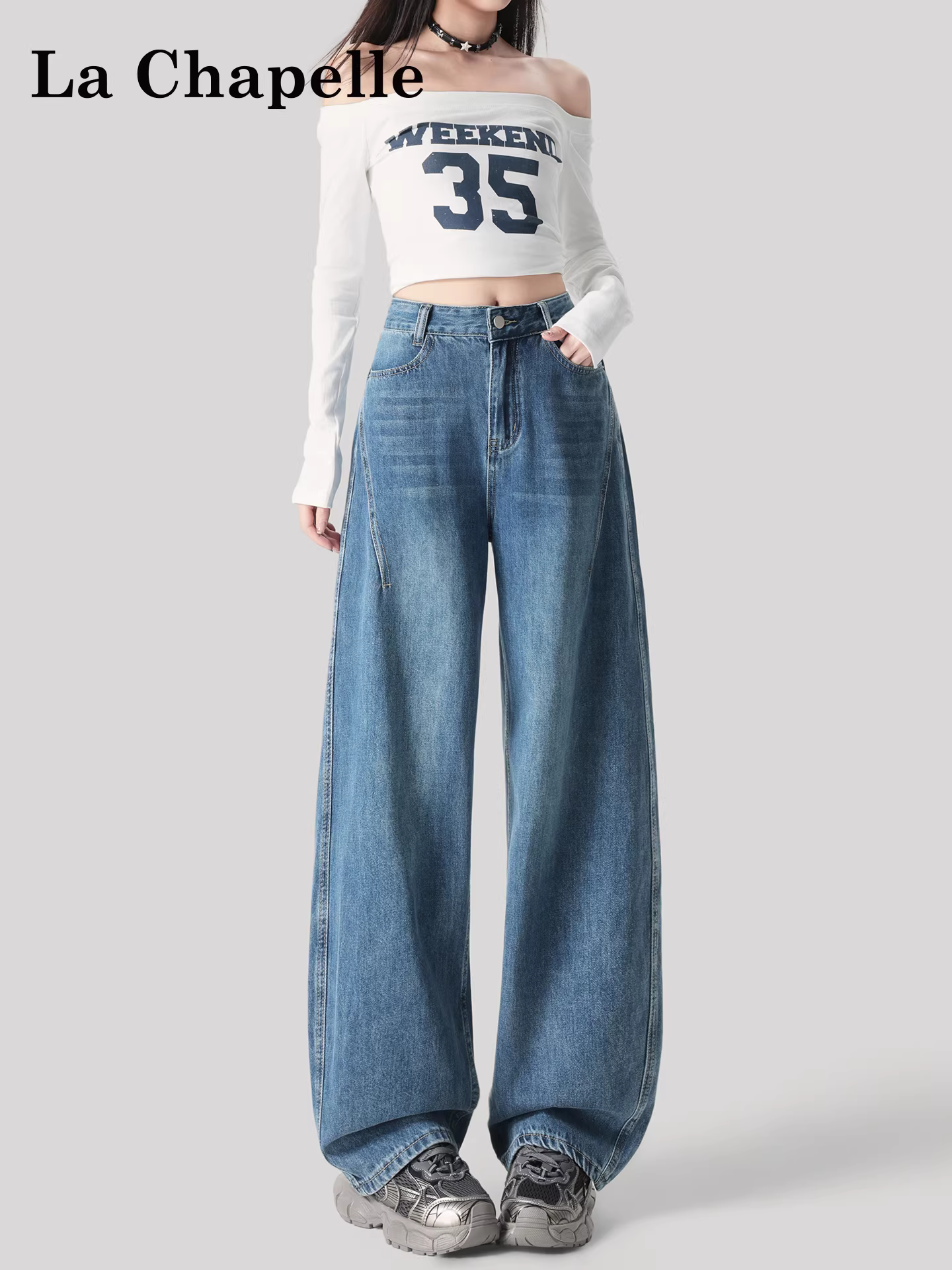 Quần jeans ống rộng kiểu Mỹ màu xanh đậm La Chapelle dành cho nữ, mùa thu đông 2025, quần ống đứng dáng dài cao cấp, cạp cao, chất liệu mềm mại