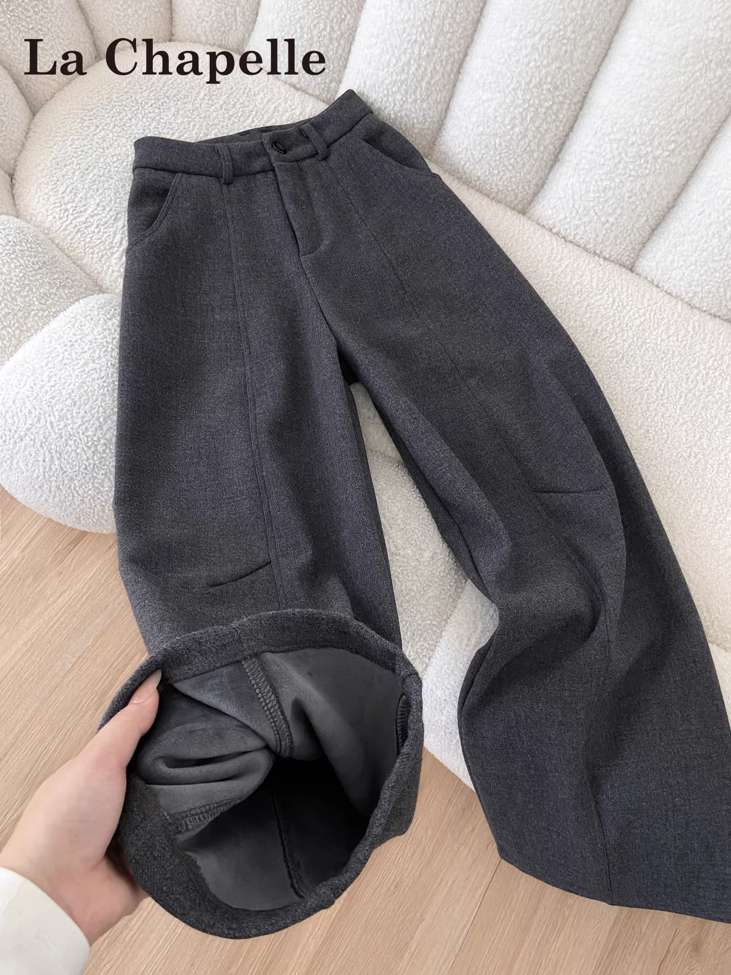 Quần ống rộng dày dặn lót lông cừu màu xám La Chapelle dành cho nữ, mẫu mới thu đông 2025, cạp cao, kiểu dáng thẳng, phong cách thường ngày
