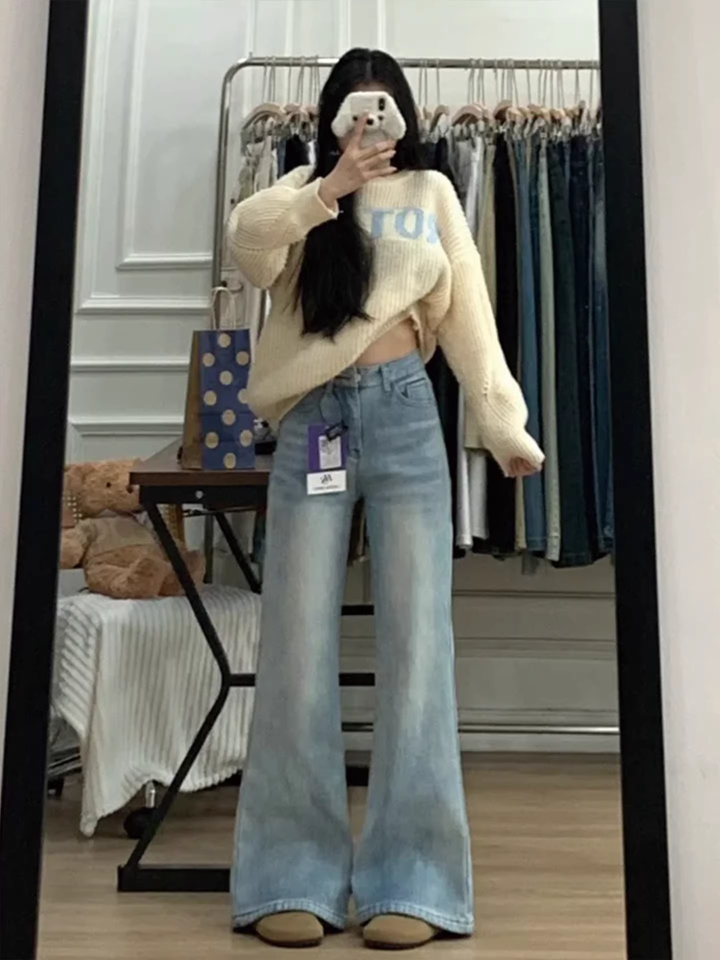 Quần jeans ống loe dày dặn lót lông cừu La Chapelle dành cho nữ, mẫu mới thu đông 2025, kiểu dáng ôm dáng, cạp cao