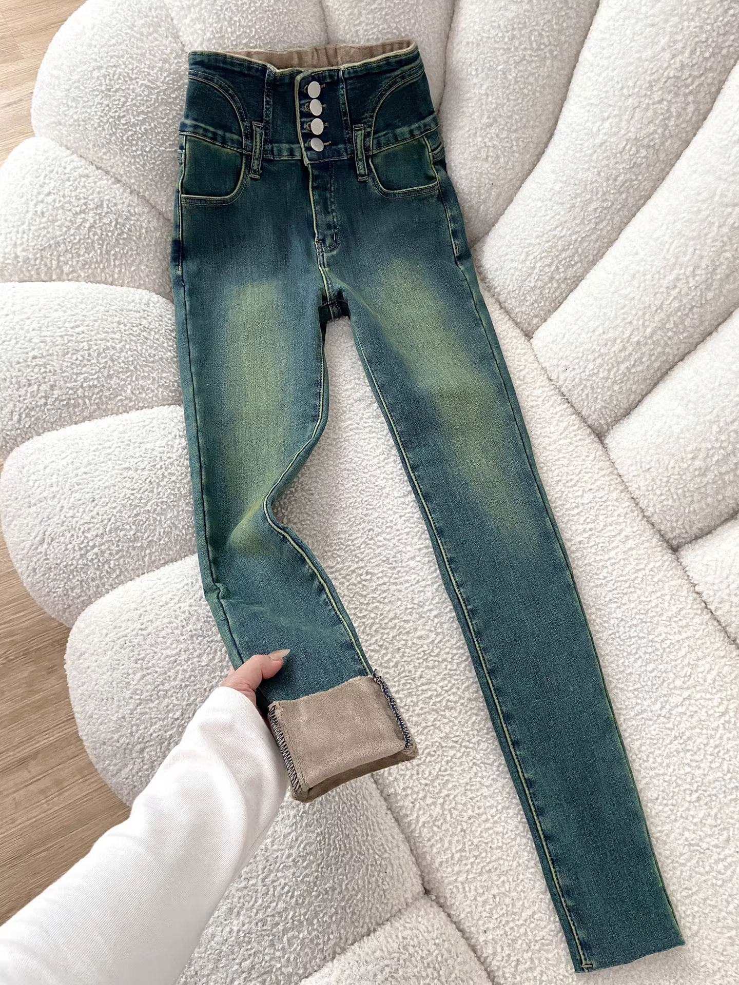 Quần jean nữ La Chapelle kiểu dáng ôm sát, lót lông dày dặn, chất liệu co giãn, kiểu dáng bút chì, mới mùa thu đông 2025