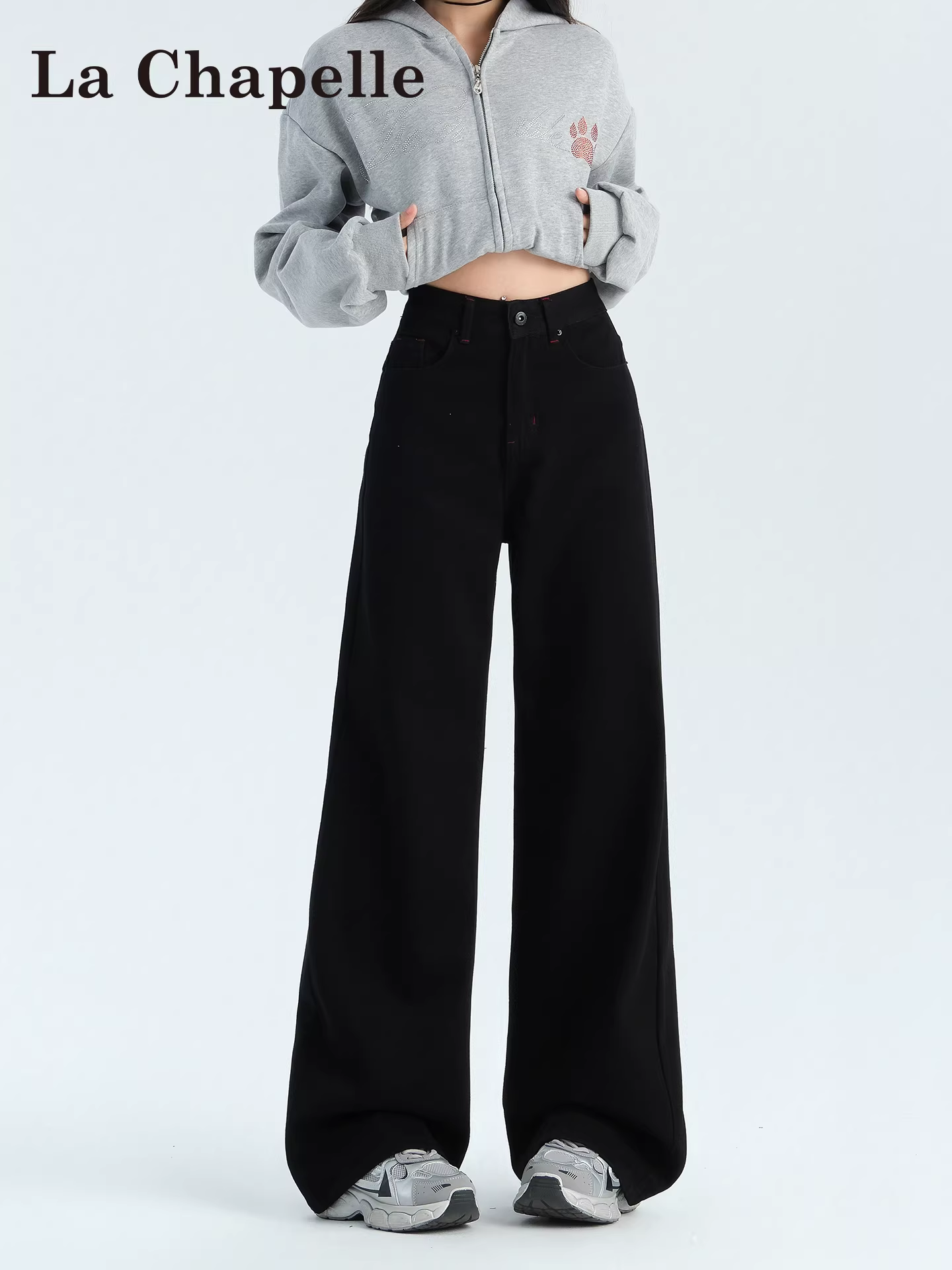 Quần jeans đen La Chapelle dáng rộng ống rộng dành cho nữ, mẫu mới thu đông 2025, cạp cao, chất liệu mềm mại, dài chấm đất, dáng thẳng