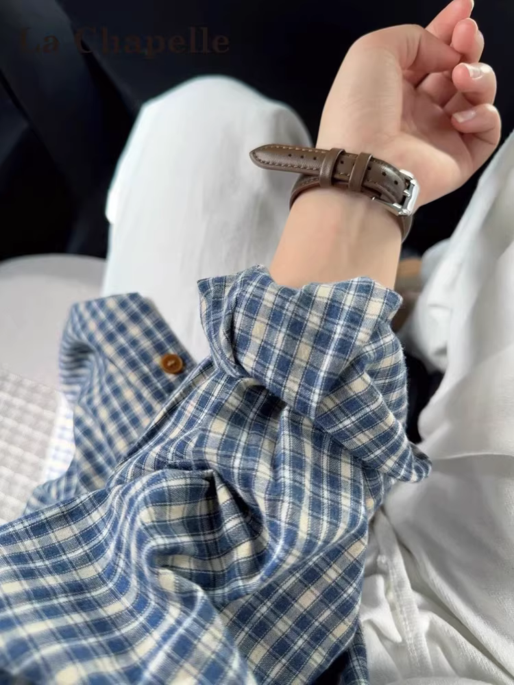 Áo sơ mi kẻ sọc xanh La Chapelle dành cho nữ, áo sơ mi dáng rộng mới mùa xuân thu 2025, áo dài tay kiểu cardigan.