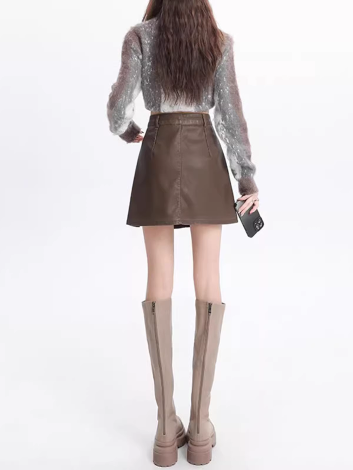 Váy bút chì da PU La Chapelle dành cho nữ, mùa thu đông 2025, kiểu dáng mới, cạp cao, tôn dáng, dáng chữ A, ngắn.