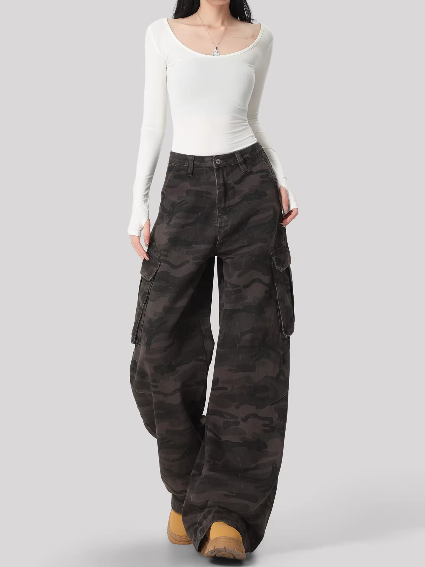 Quần jeans cargo ống rộng kiểu Mỹ La Chapelle dành cho nữ, mẫu mới thu đông 2025, cạp cao, dáng rộng, thẳng