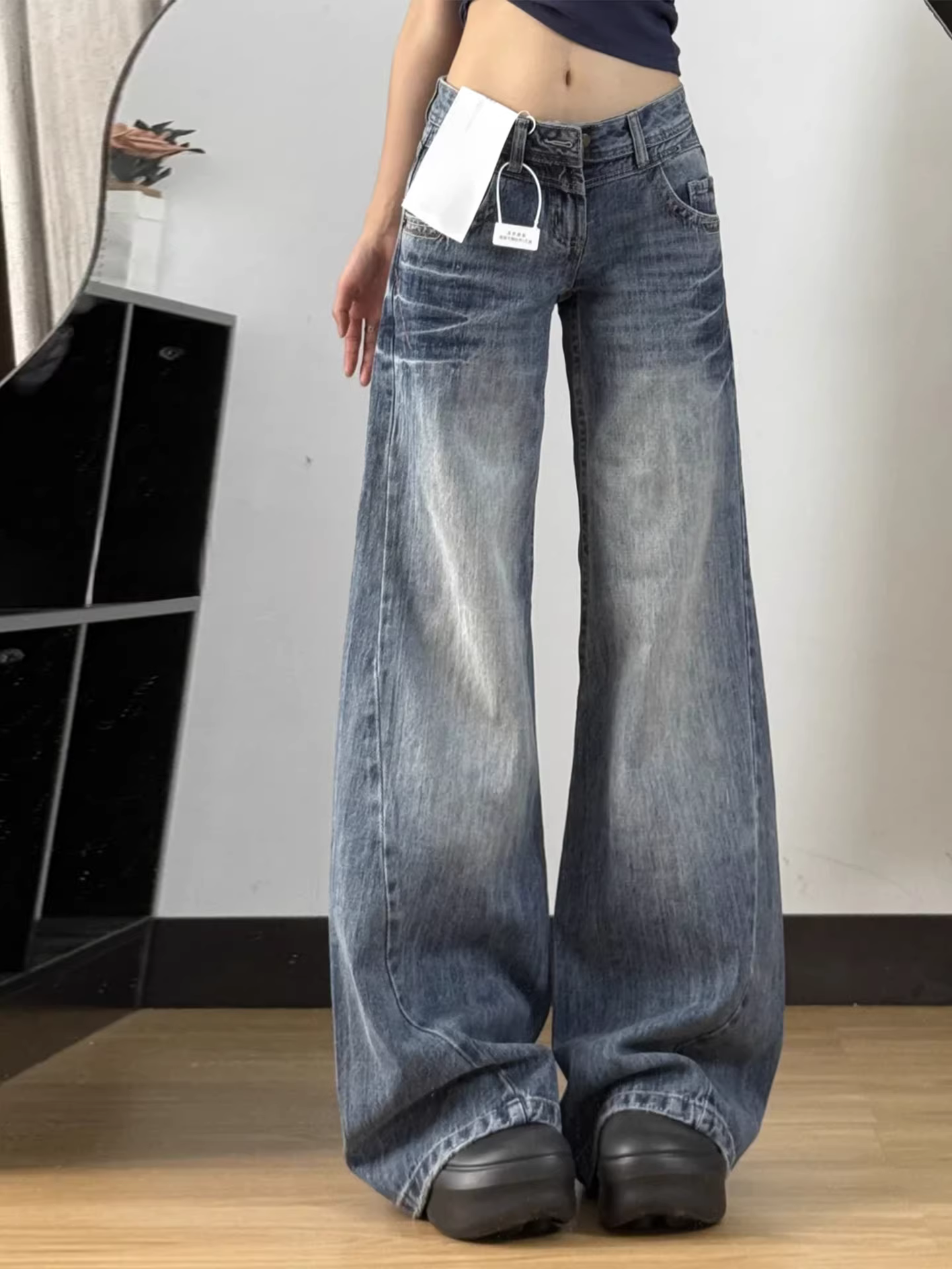 Quần jeans nữ La Chapelle màu xanh, cạp cao, ống rộng, kiểu dáng mới Thu Đông 2025, phong cách Mỹ, tôn dáng, rộng rãi, dài chấm đất