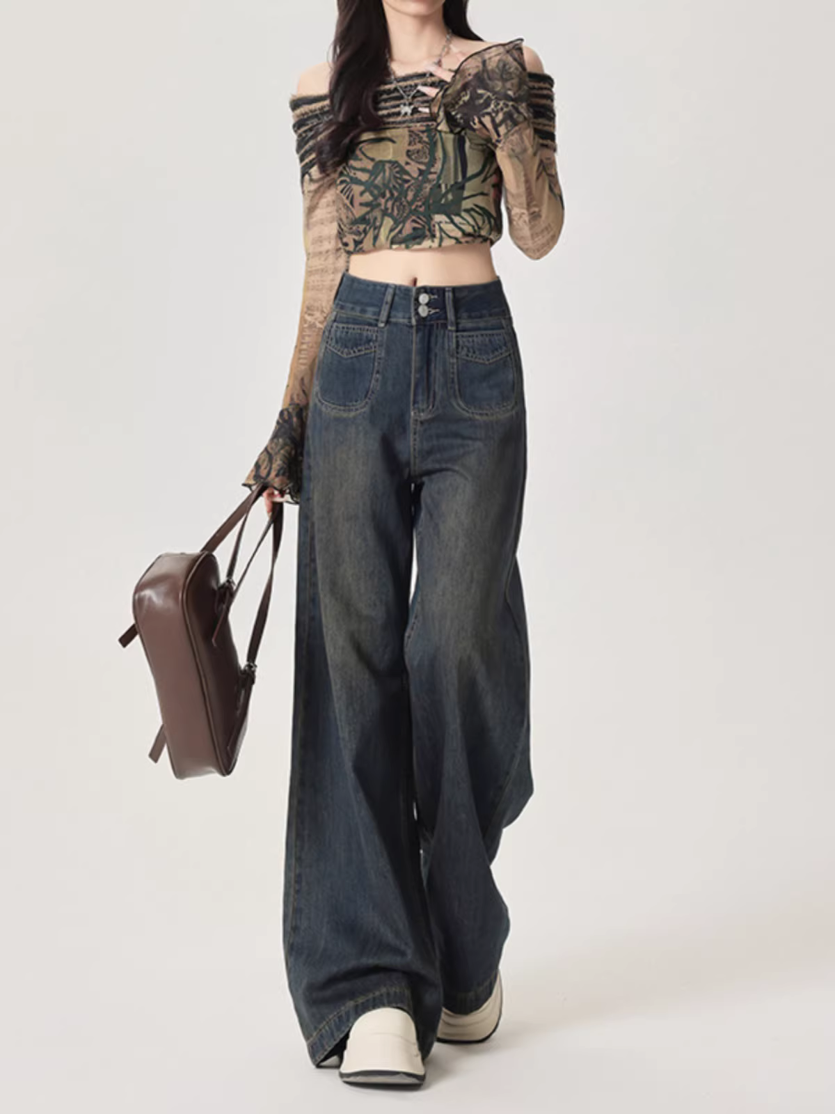 Quần jeans ống rộng La Chapelle kiểu retro dành cho nữ, mẫu mới thu đông 2025, cạp cao, dáng rộng, tôn dáng, dài chấm đất, kiểu thẳng