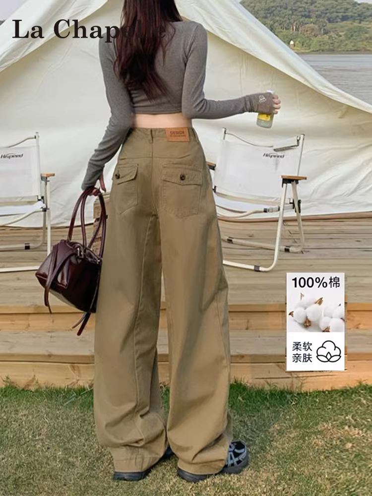 Quần jeans cargo ống rộng La Chapelle dành cho nữ, kiểu dáng mới xuân thu 2025, phong cách Mỹ, cạp cao, dáng thẳng, chất liệu mềm mại