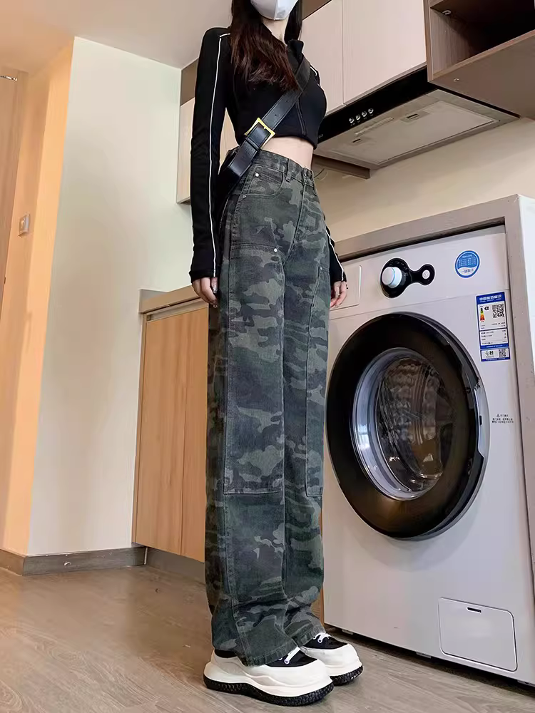 Quần cargo kiểu Mỹ La Chapelle dành cho nữ, mẫu mới thu 2025, cạp cao, dáng nhỏ nhắn, dài chấm đất, ống rộng thẳng