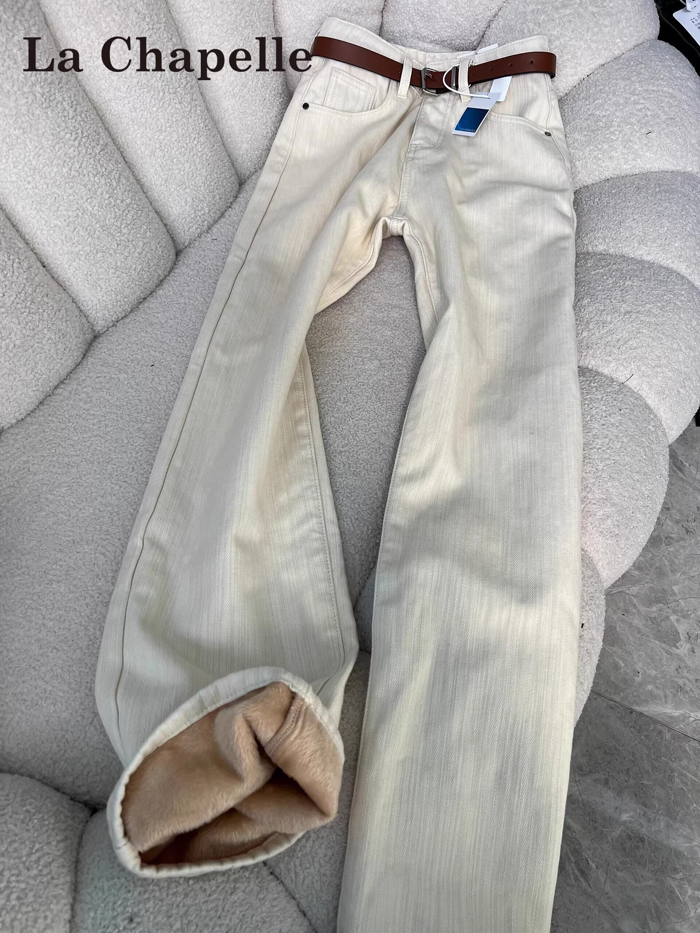 Quần jeans trắng rộng ống rộng La Chapelle dành cho nữ, mẫu mới thu đông 2025, lót lông, cạp cao, dáng thẳng, size nhỏ nhắn