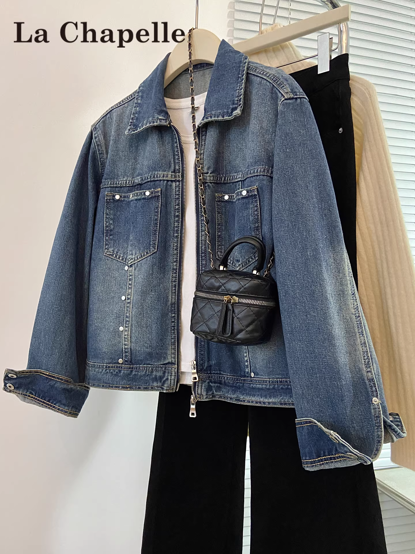 Áo khoác denim kiểu Mỹ màu xanh La Chapelle dành cho nữ, mẫu mới thu đông 2025, dáng ôm, đính hạt, áo khoác ngoài