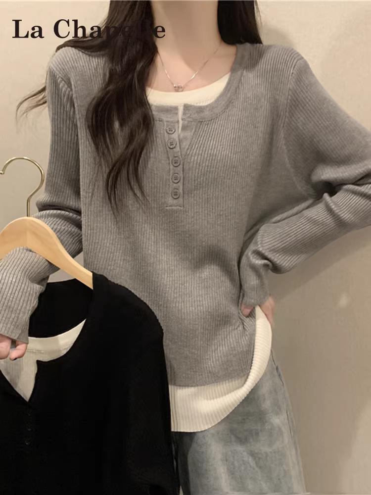 Áo len dệt kim giả hai lớp tay dài La Chapelle dành cho nữ, mẫu mới thu đông 2025, màu xám, kiểu rộng, mặc lót bên trong
