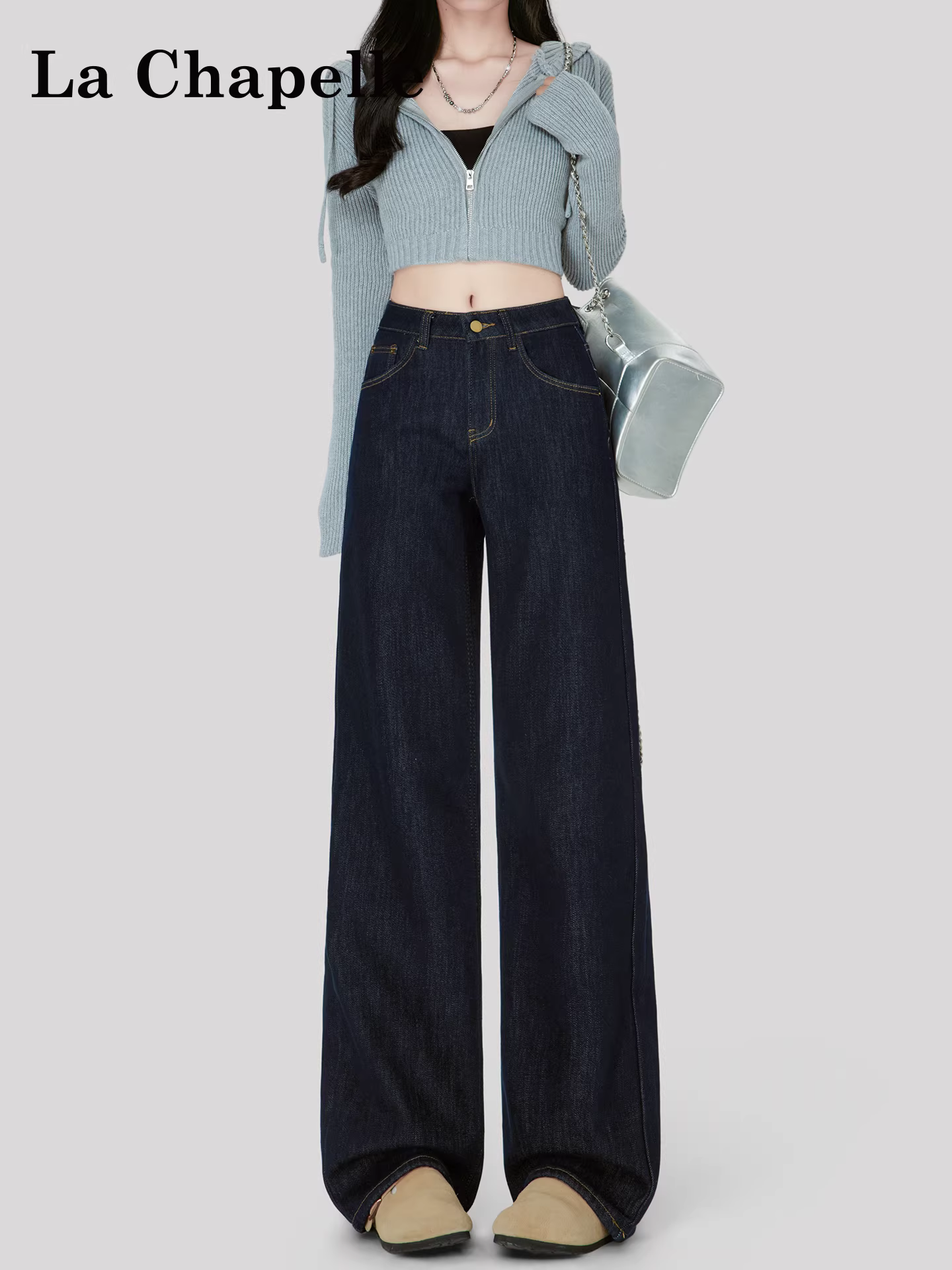 Quần jeans ống rộng dày dặn lót lông màu xanh đậm La Chapelle dành cho nữ, mùa đông 2025, kiểu dáng mới cạp cao, dáng thẳng, chất liệu mềm mại