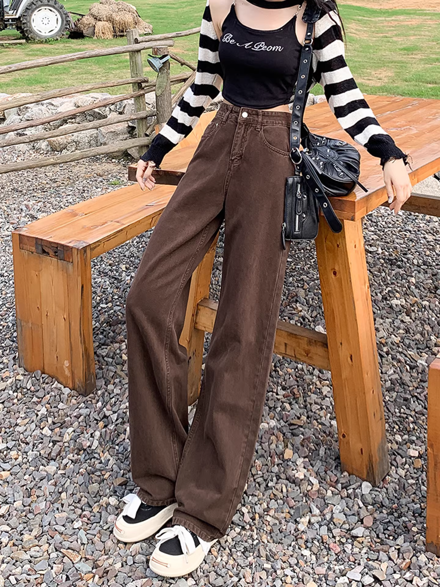 Quần jeans ống rộng màu cà phê La Chapelle, chất liệu lót lông, dáng ôm, dành cho nữ, mùa thu đông 2025, kiểu dáng mới, cạp cao, màu nâu, ống thẳng