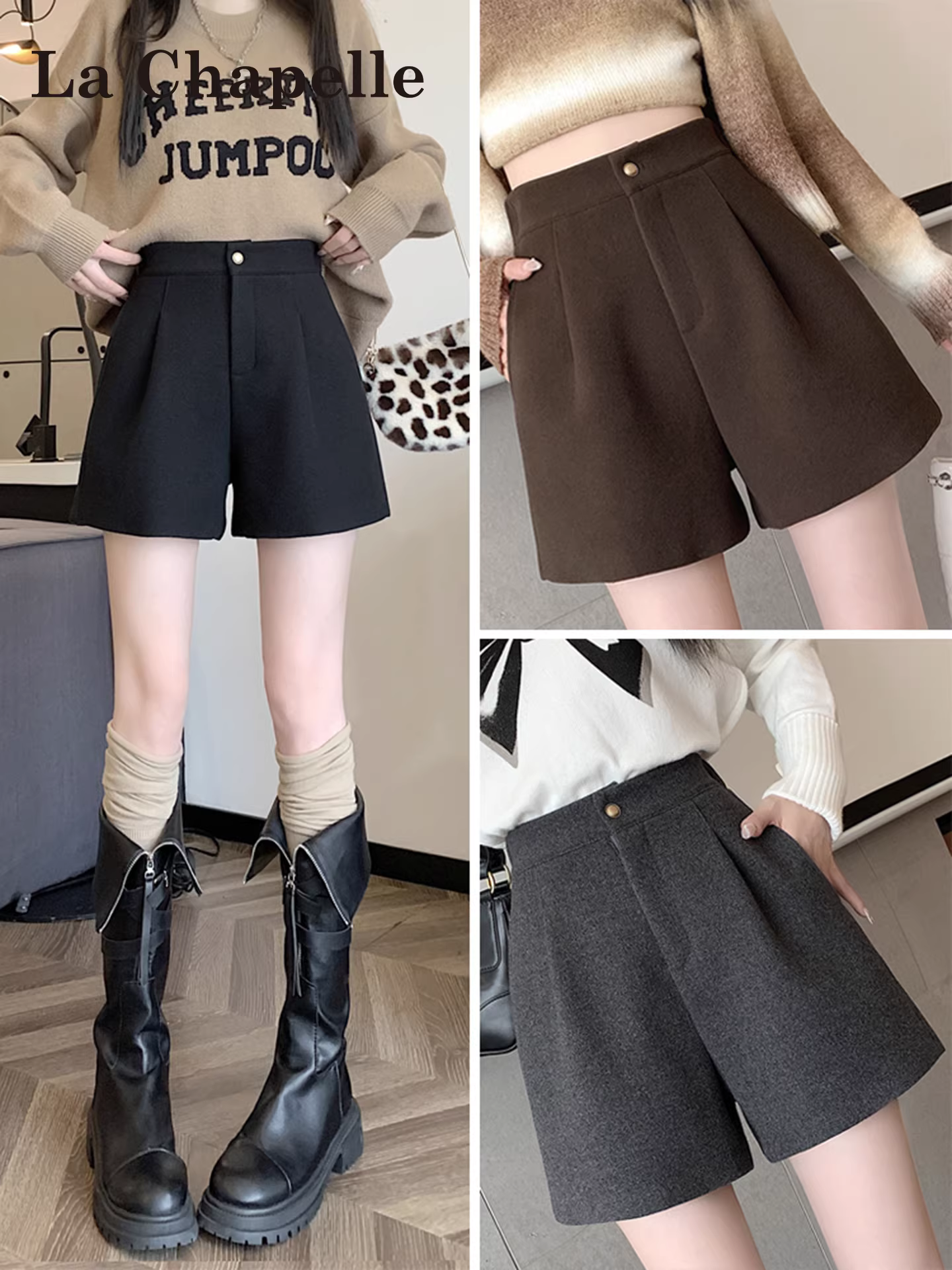 Quần short đen La Chapelle ống rộng dành cho nữ, mùa thu đông 2025, kiểu dáng mới, cạp cao, dáng rộng, kiểu chữ A, quần thường ngày dành cho người nhỏ nhắn.