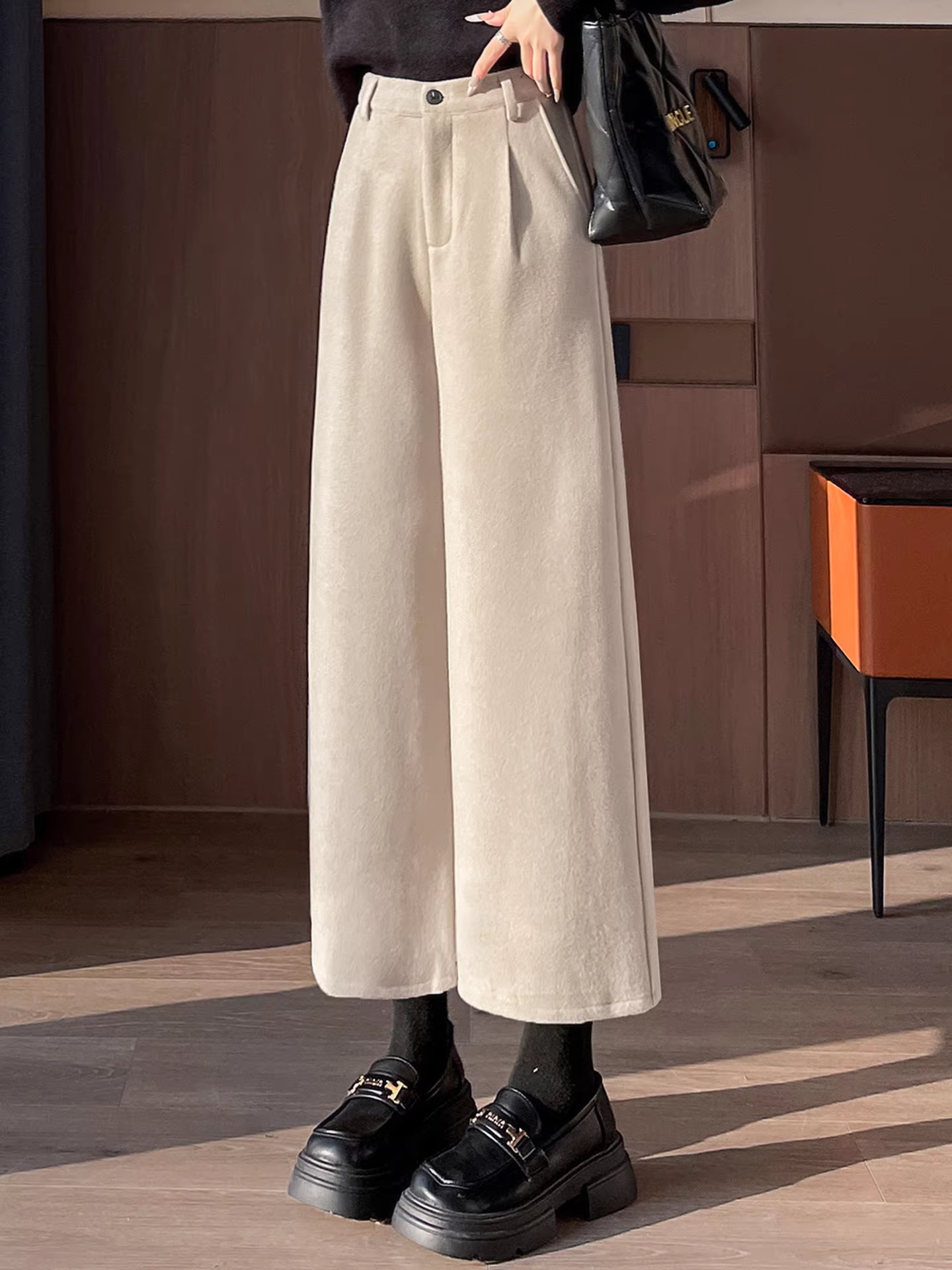 Quần jeans ống rộng lót lông màu xám La Chapelle dành cho nữ, kiểu dáng mới thu đông 2025, cạp cao, dáng suông, dài đến mắt cá chân