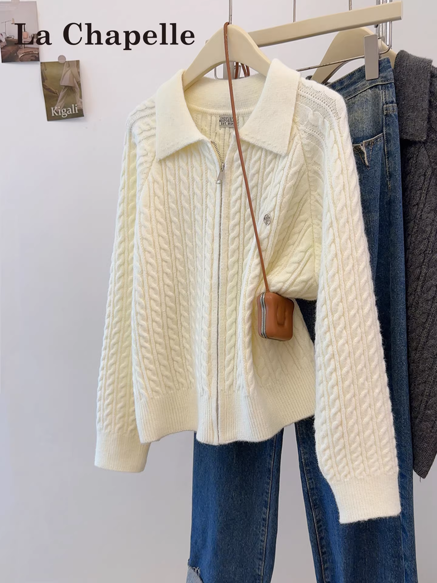 Áo len dệt kim dài tay có khóa kéo La Chapelle dành cho nữ, áo khoác cardigan ấm áp mùa thu đông mới 2025