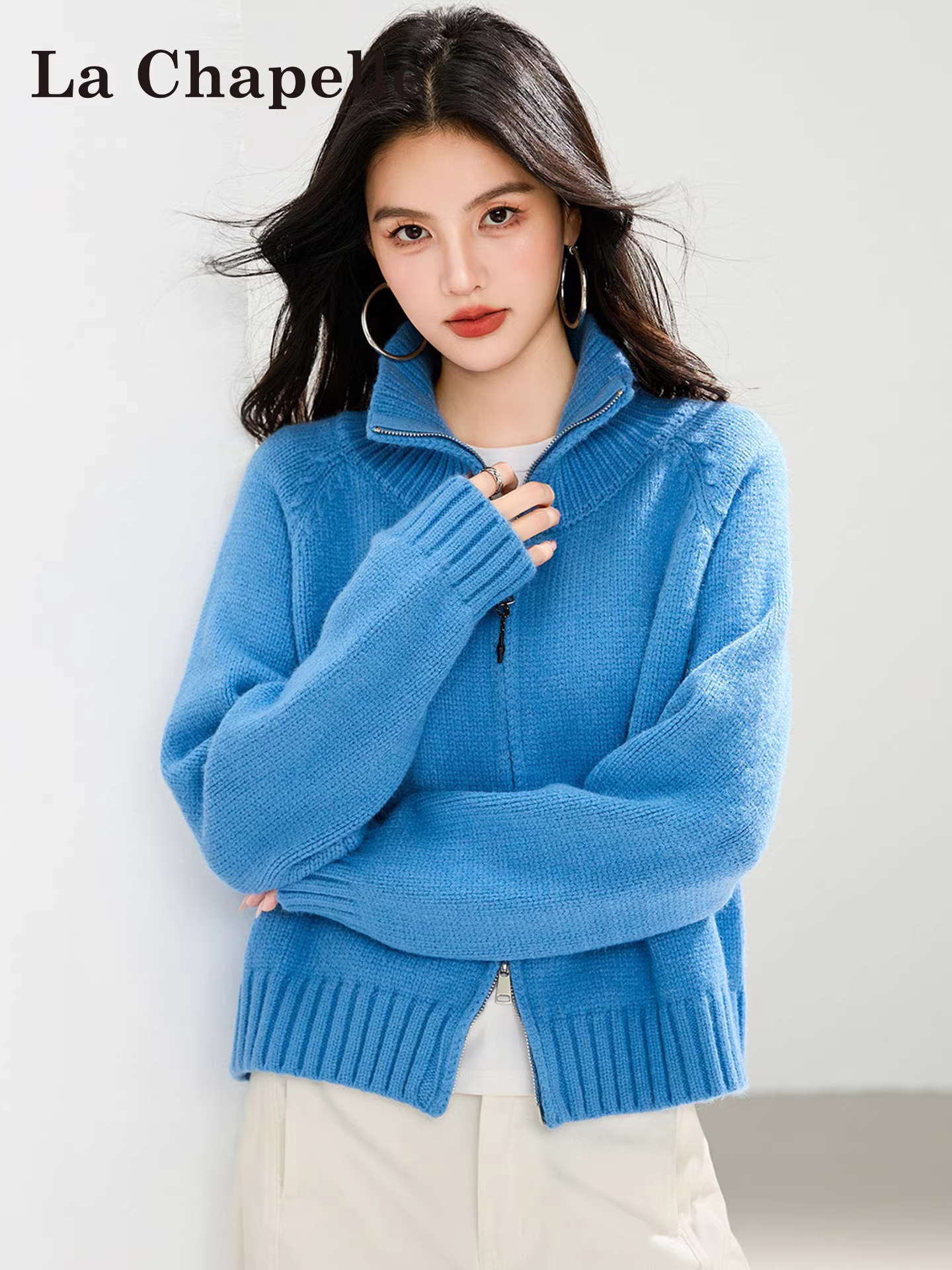 Áo len dệt kim dài tay màu xanh lam La Chapelle dành cho nữ mùa thu đông 2025 áo khoác cardigan có khóa kéo đôi mới