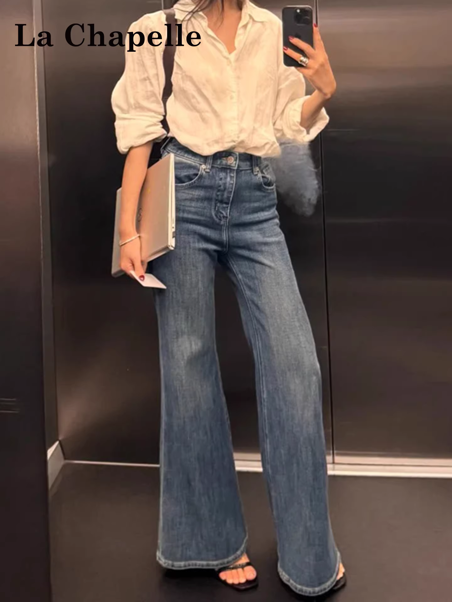 Quần jeans ống loe dày dặn lót lông cừu La Chapelle dành cho nữ, mẫu mới thu đông 2025, không bó sát