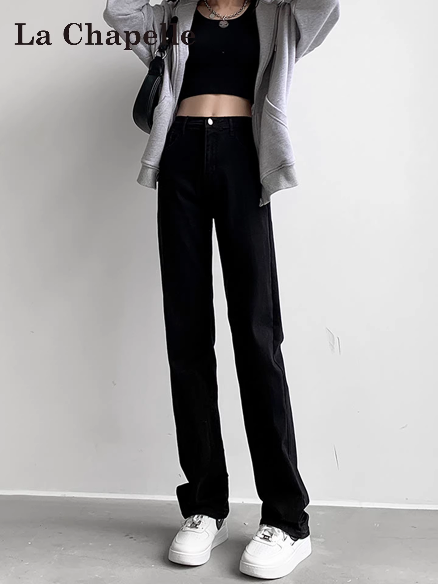 Quần jeans nữ La Chapelle đen cạp cao lót lông cừu, kiểu dáng ôm dáng, thẳng, dáng thuốc lá, mới thu đông 2025, size nhỏ nhắn