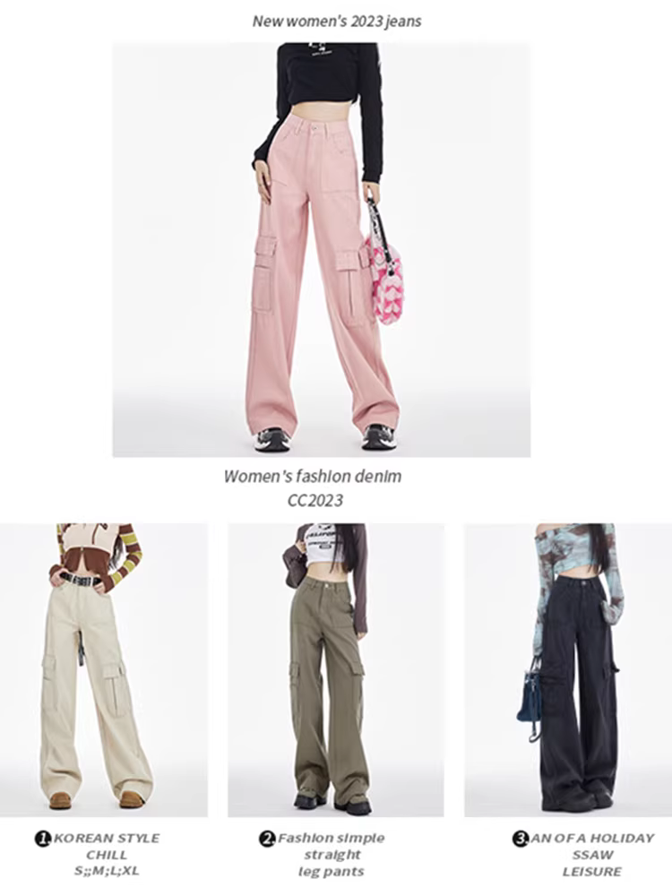 Quần cargo denim kiểu Mỹ La Chapelle dành cho nữ, thu đông 2025, kiểu mới, cạp cao, màu xám xi măng, lót lông, dáng rộng, ống rộng