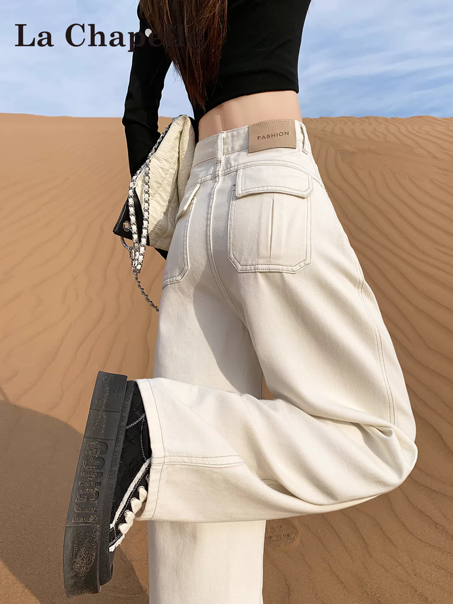 Quần jeans ống rộng lót lông trắng La Chapelle dành cho nữ, mẫu mới thu đông 2025, cạp cao, dáng thẳng, size nhỏ nhắn