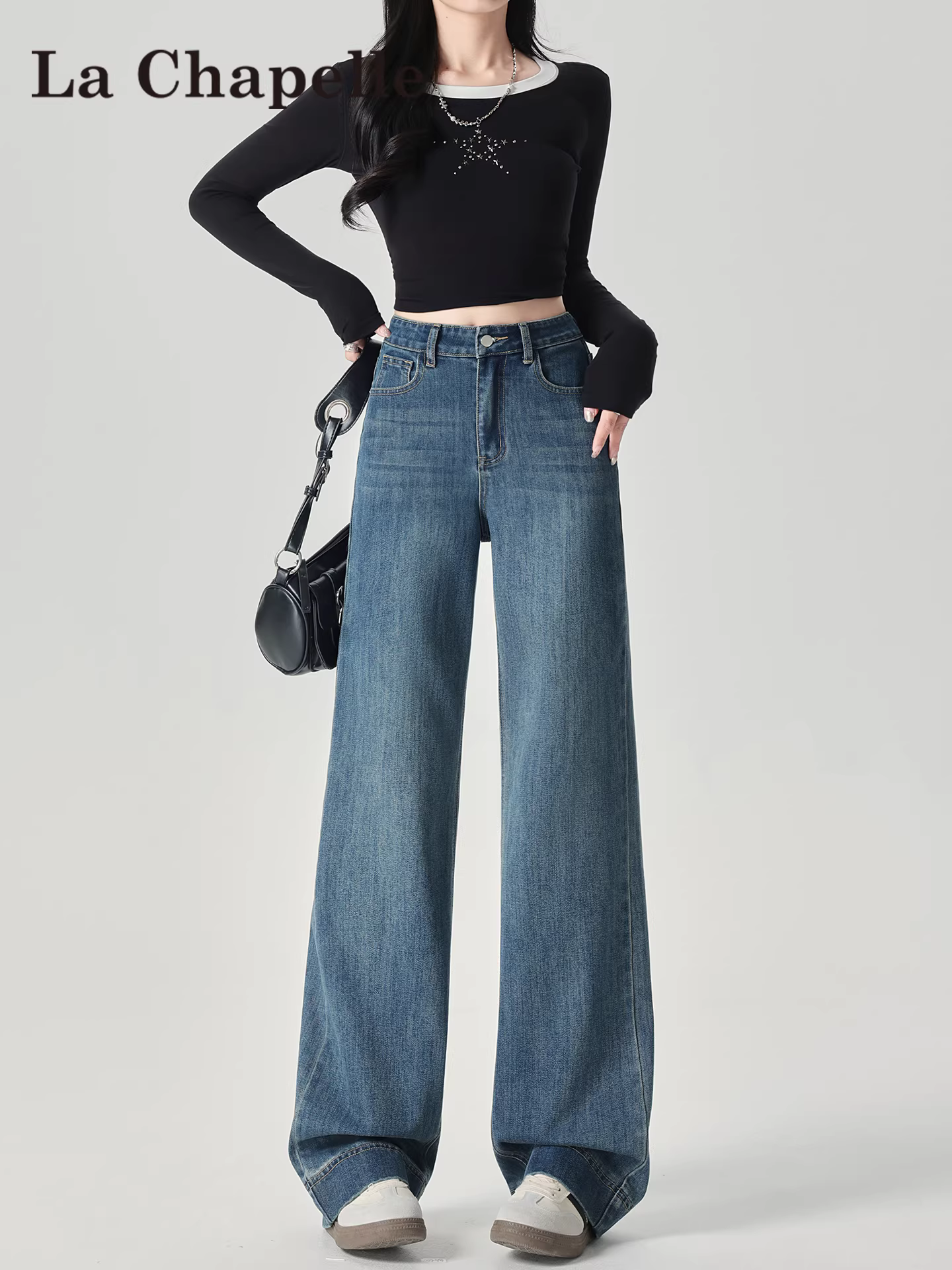 Quần jeans La Chapelle cạp cao ống rộng dành cho nữ, mẫu mới thu đông 2025, dáng suông, dài chấm đất
