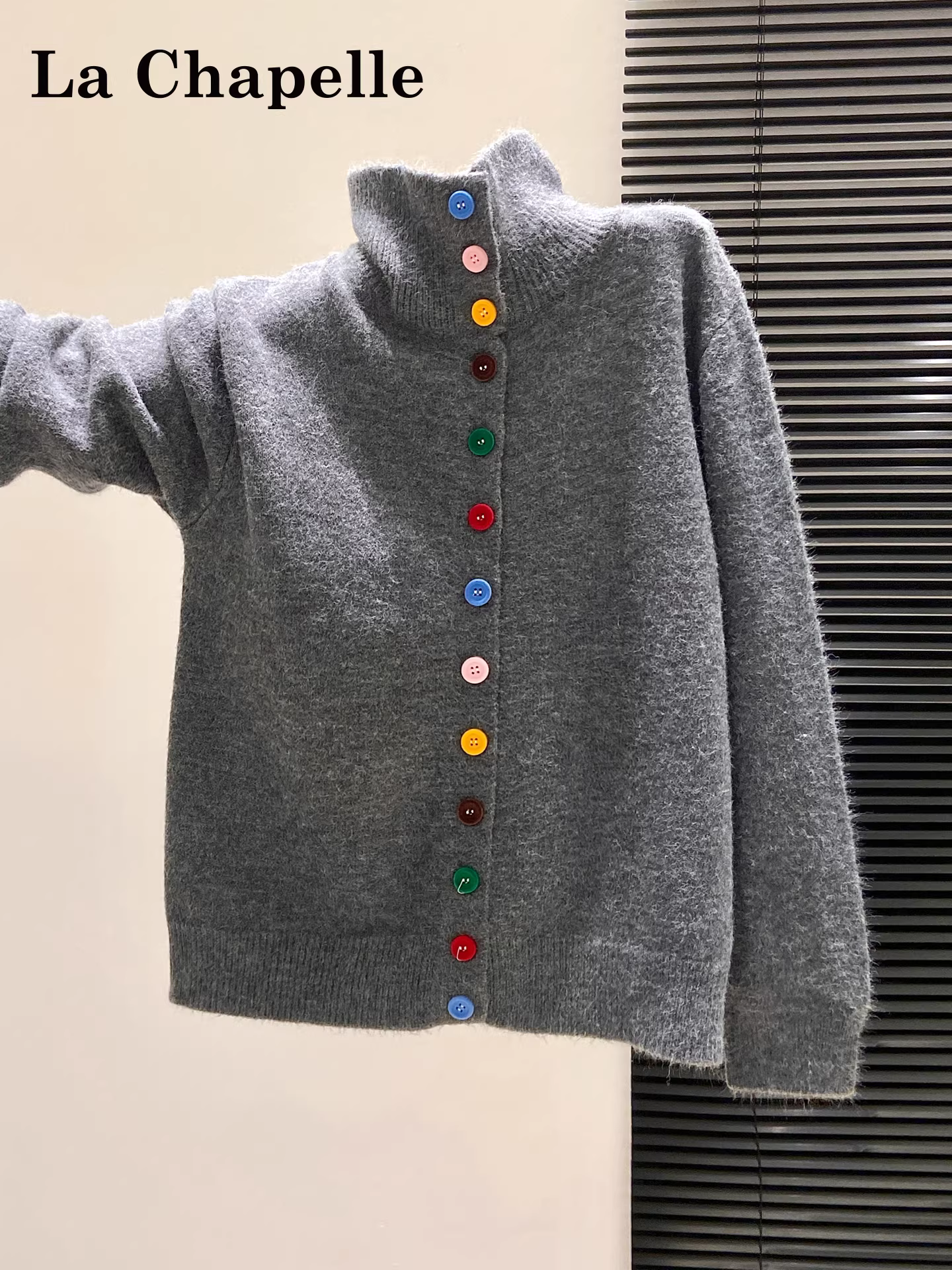 Áo cardigan len dệt kim cổ lọ màu xám La Chapelle dành cho nữ, mẫu mới thu đông 2025, kiểu dáng rộng rãi