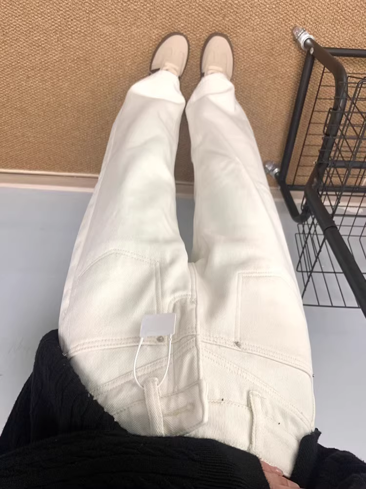 Quần jeans ống rộng lót lông trắng La Chapelle dành cho nữ, mùa thu đông 2025, kiểu dáng mới, cạp cao, dài chấm đất, dáng thẳng