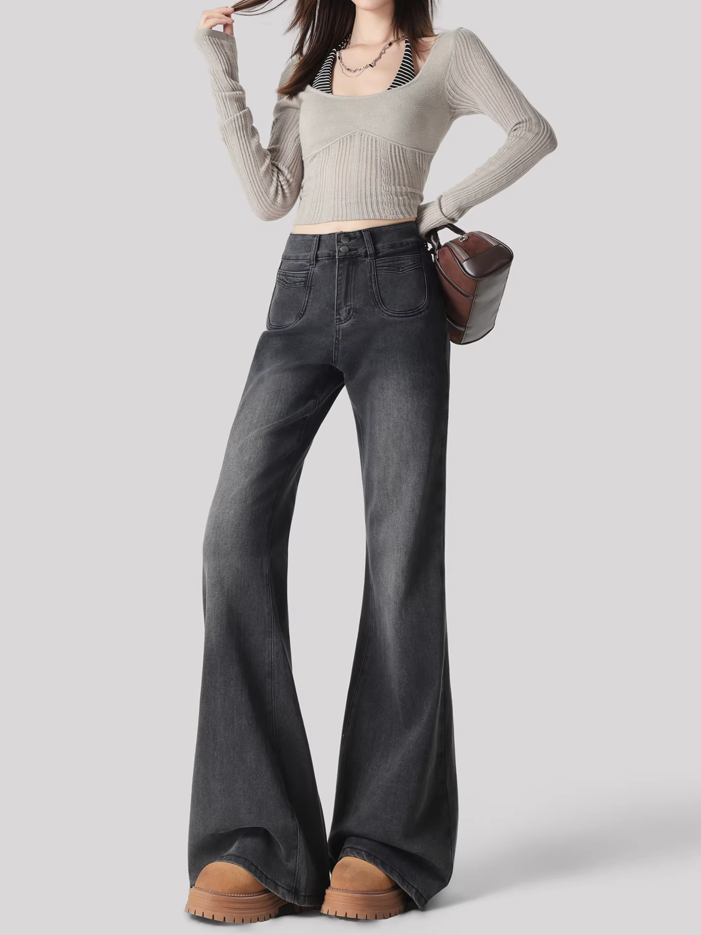 Quần jean nữ La Chapelle màu xám, lót lông cừu dày, dáng loe, kiểu mới thu đông 2025, cạp cao, ống chuông