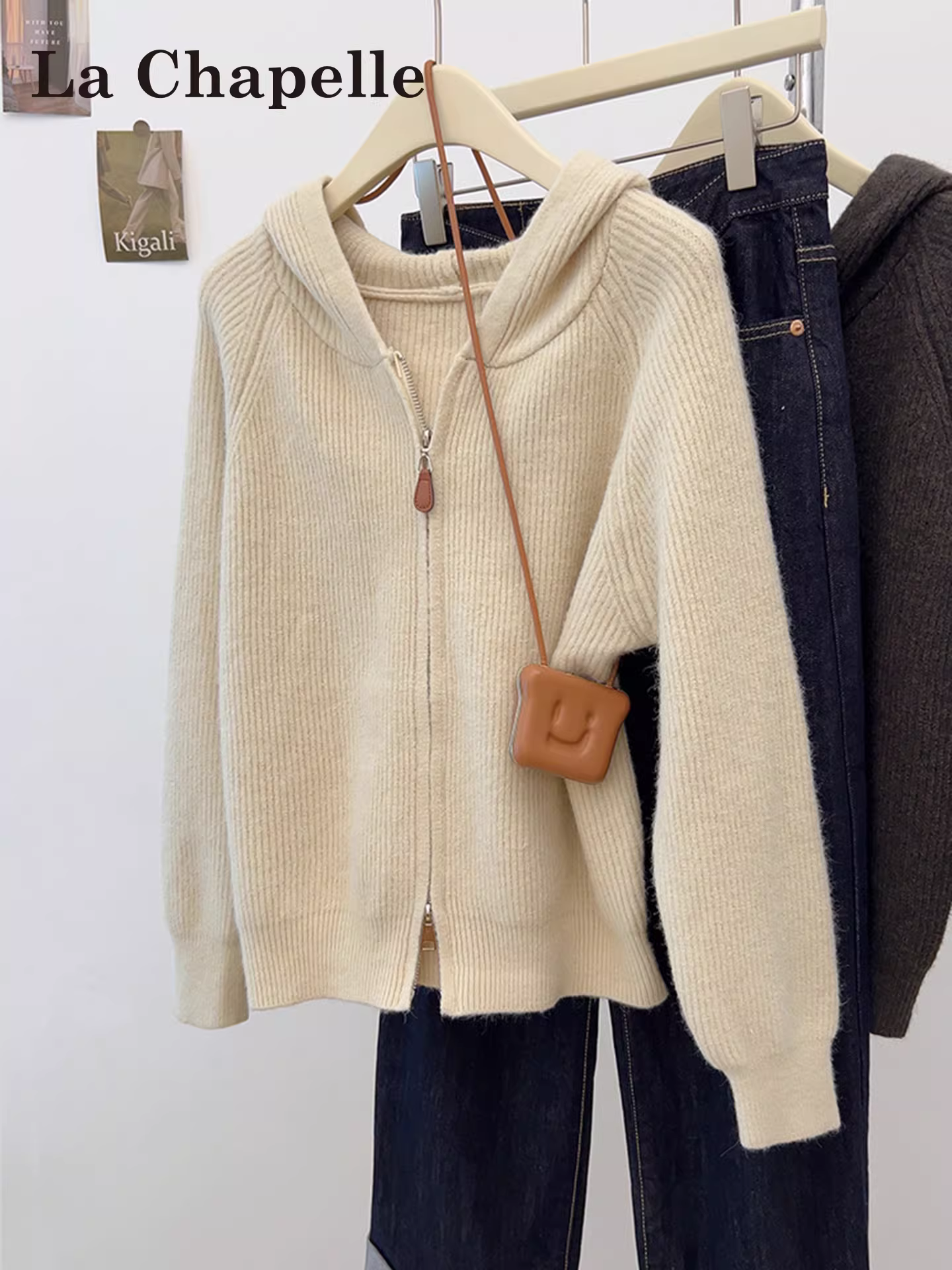 Áo len dệt kim dáng rộng màu trắng La Chapelle dành cho nữ 2025 áo khoác cardigan có khóa kéo mới mùa thu đông