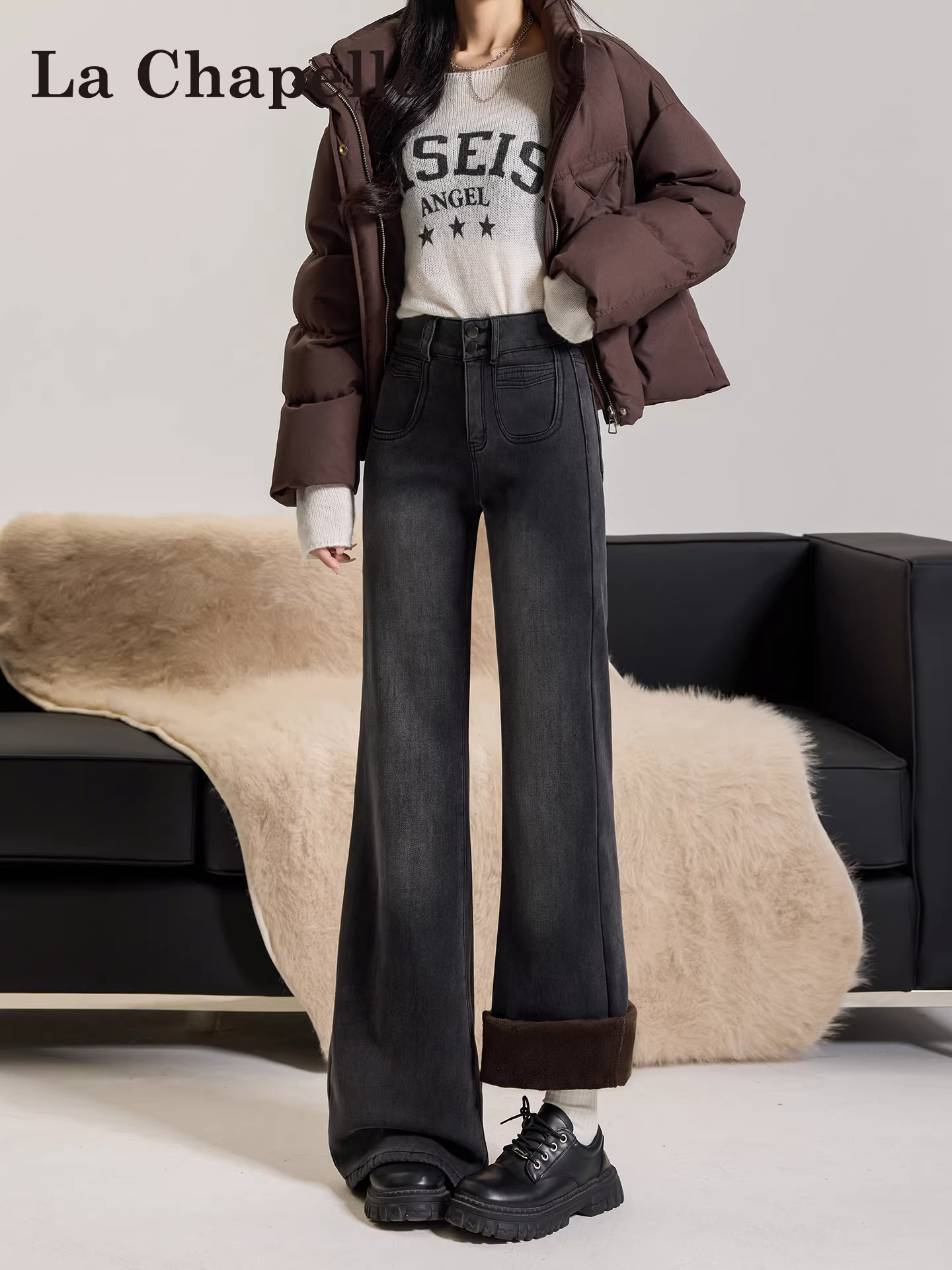 Quần jeans nữ La Chapelle màu xám, lót lông cừu dày, dáng loe, mùa thu đông 2025, cạp cao, rộng thùng thình, ống chuông