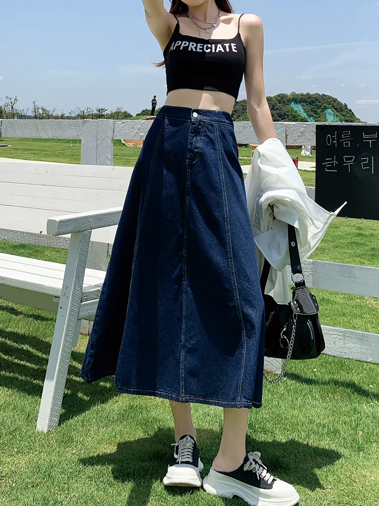 Chân váy denim midi lưng cao La Chapelle dành cho nữ, mẫu mới xuân thu 2025, dáng nhỏ nhắn, dài trung bình, tôn dáng, kiểu dáng chữ A, dáng xòe.