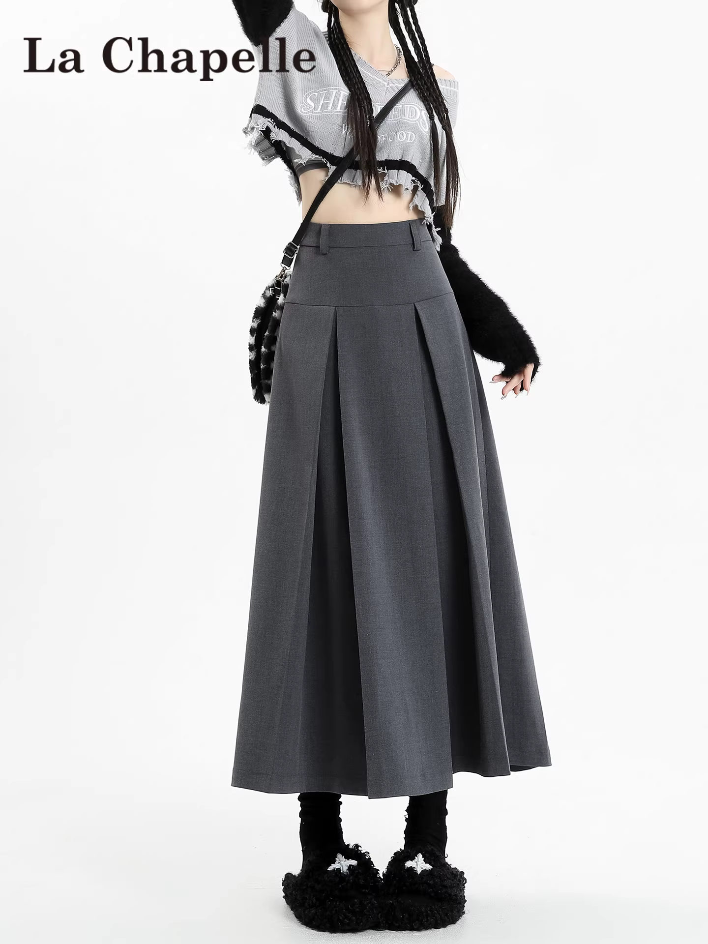 Váy liền thân kiểu Mỹ màu xám La Chapelle dành cho nữ, mẫu mới thu đông 2025, dáng chữ A xếp ly, dài qua gối, che hông