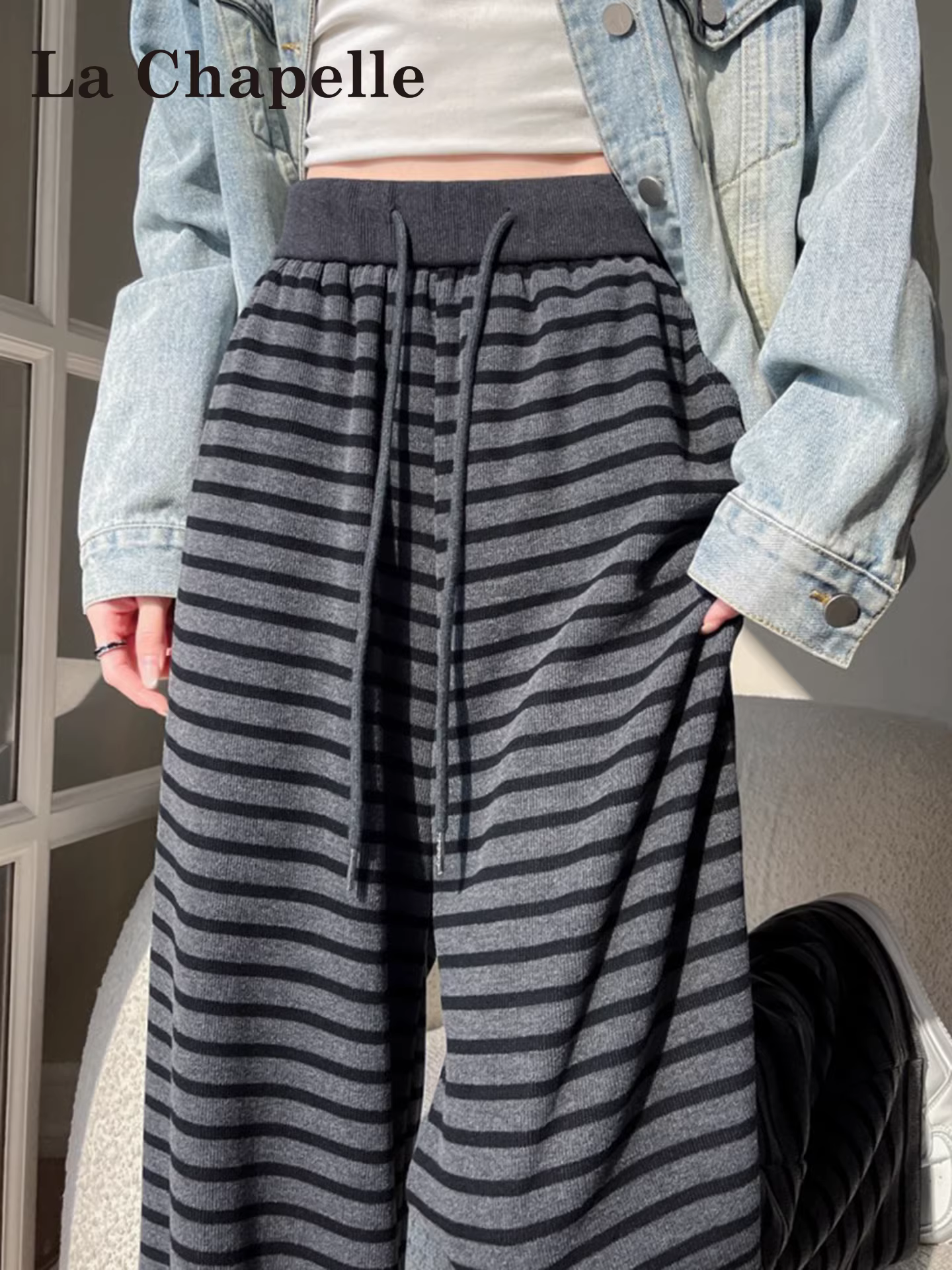 Quần ống rộng kẻ sọc La Chapelle dành cho nữ, mẫu mới xuân thu 2025, kiểu dáng nhỏ nhắn, rộng rãi, thoải mái, phong cách thường ngày