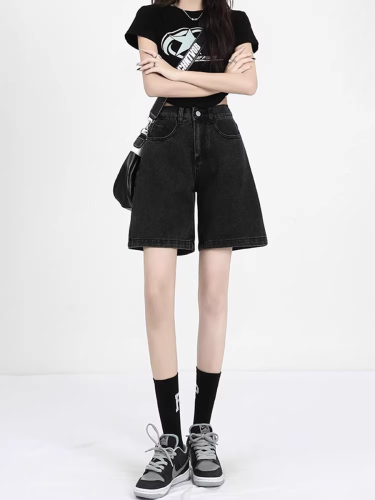 Quần short denim xanh La Chapelle dành cho nữ, mùa hè 2025, kiểu dáng mới, cạp cao, rộng rãi, dáng chữ A, thẳng.