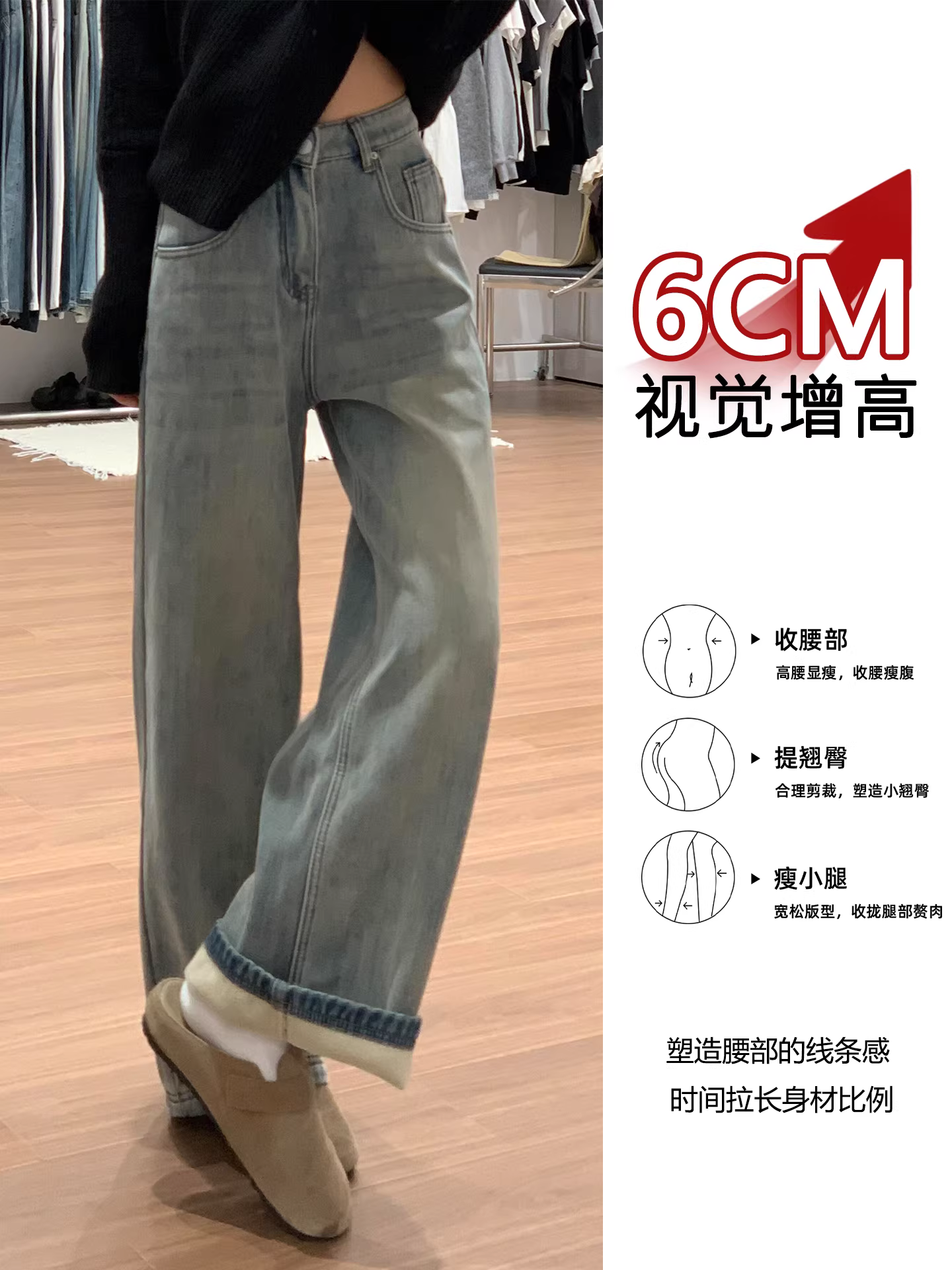 Quần jeans ống rộng lót lông cừu La Chapelle kiểu vintage dành cho nữ, mẫu mới thu đông 2025, cạp cao, dáng rộng, suôn thẳng