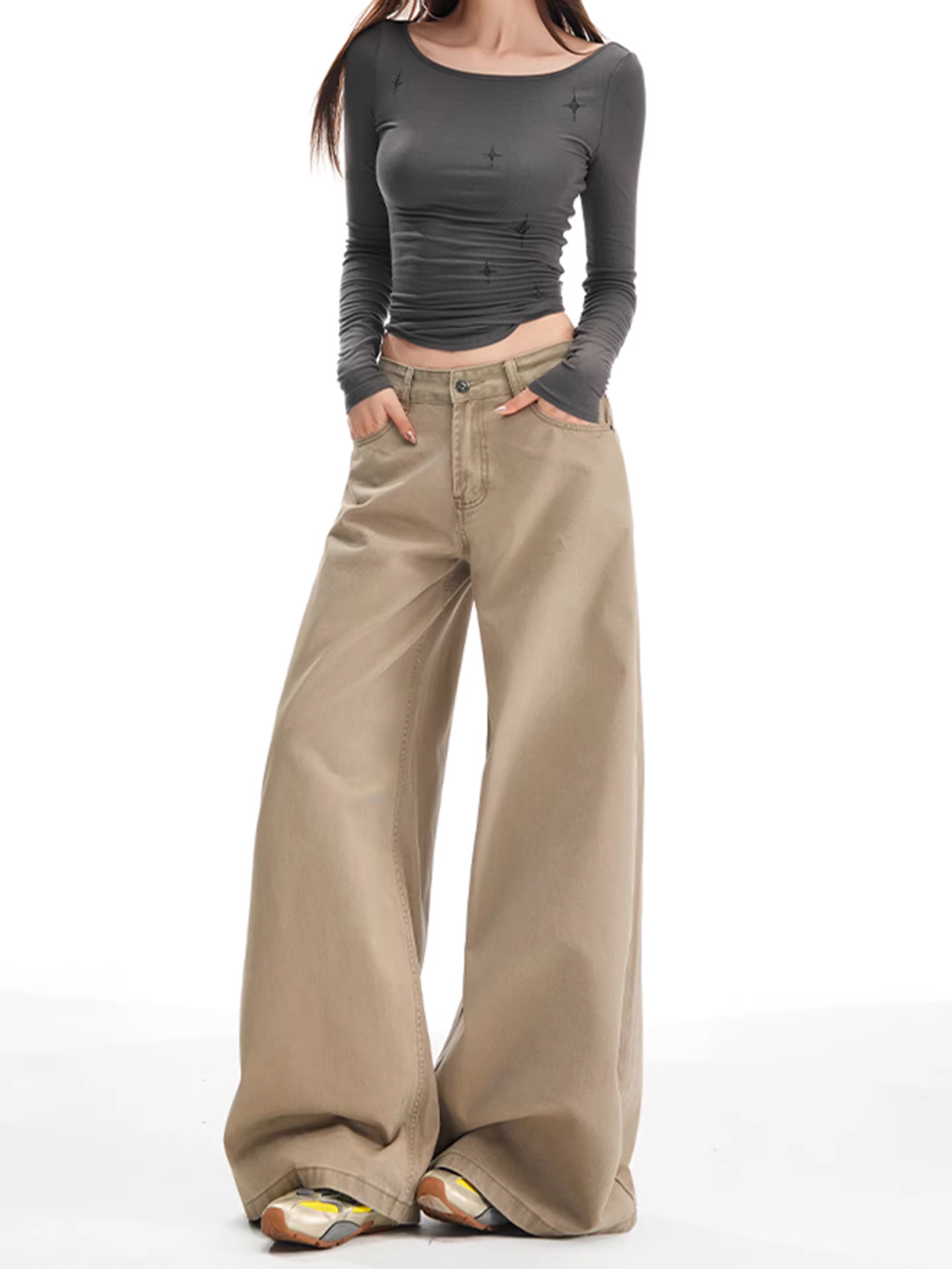 Quần jeans ống rộng lót lông cừu dày dặn La Chapelle dành cho nữ, mẫu mới thu đông 2025, cạp cao, dáng thẳng, chất liệu mềm mại