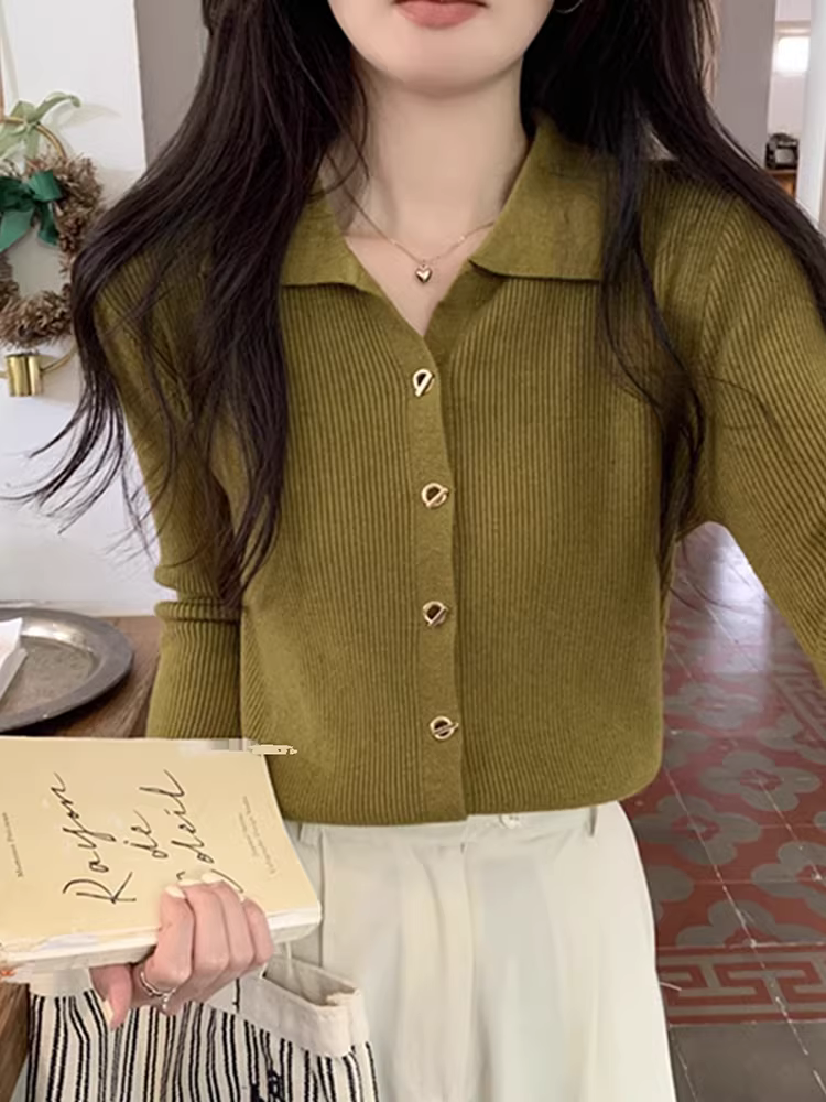 Áo len dệt kim cổ polo màu sáng La Chapelle tay dài dành cho nữ, kiểu dáng ôm sát, mùa thu 2025, áo khoác cardigan mặc trong