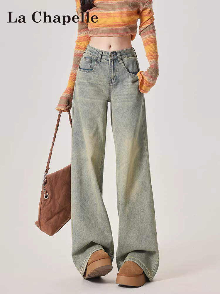 Quần jeans ống rộng La Chapelle kiểu retro dành cho nữ, mẫu mới thu đông 2025, cạp cao, dáng rộng, lót lông, dài chấm đất, kiểu thẳng