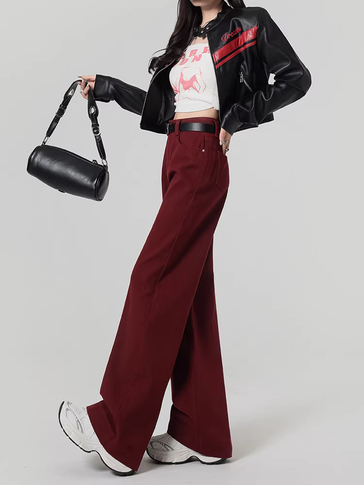 Quần jeans đỏ La Chapelle Ancora dáng rộng dành cho nữ, mẫu mới thu 2025, cạp cao, dáng rộng, dài chấm đất, thẳng.